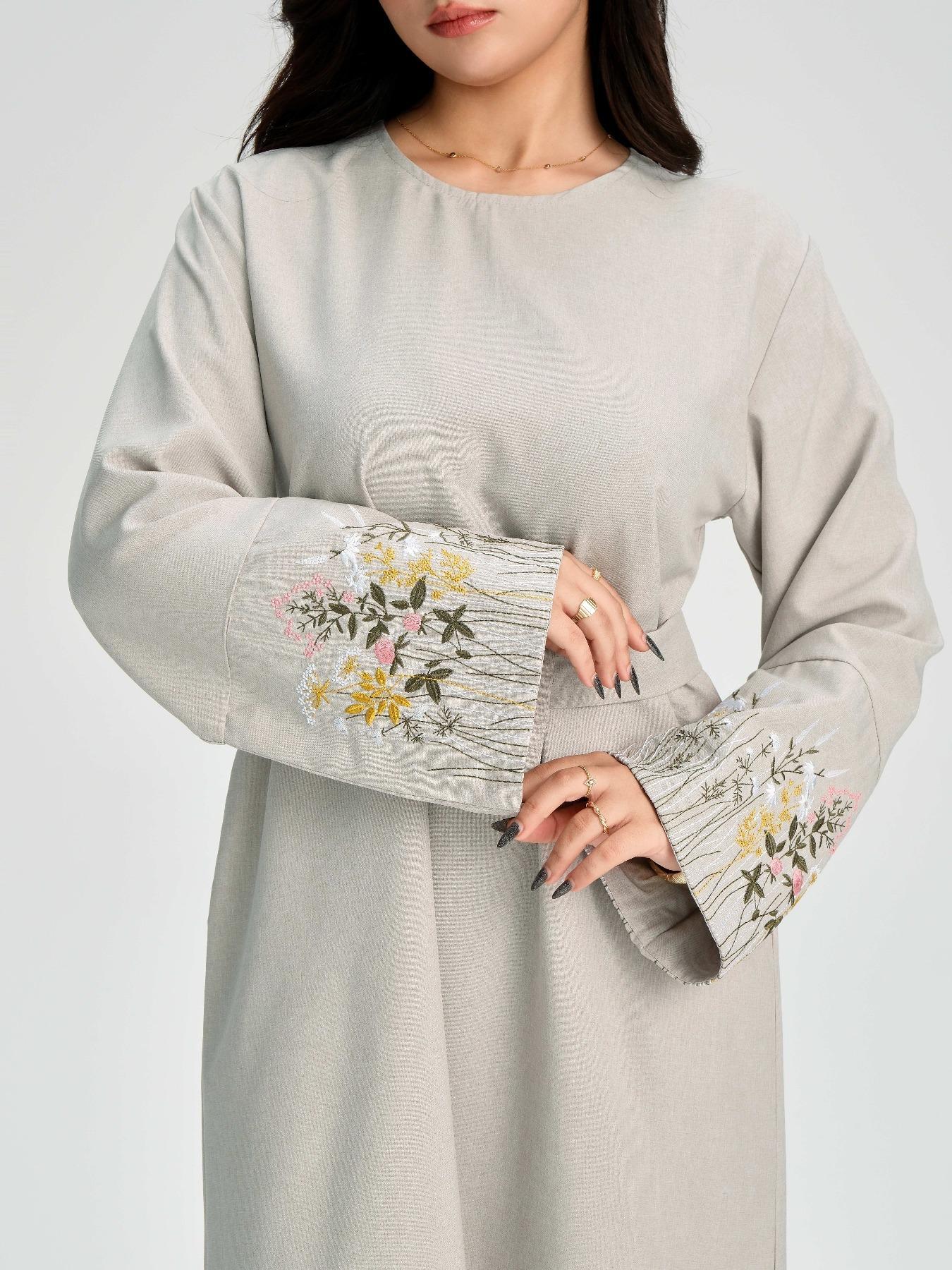 Women's Floral Embroidery Long Sleeve Dress, Modest Casual Round Neck Dress for Daily Wear, Ladies Islamic Clothing for All Seasons, Muslim Women Gowns, Modest Muslim Outfits, Modest Abaya Dress