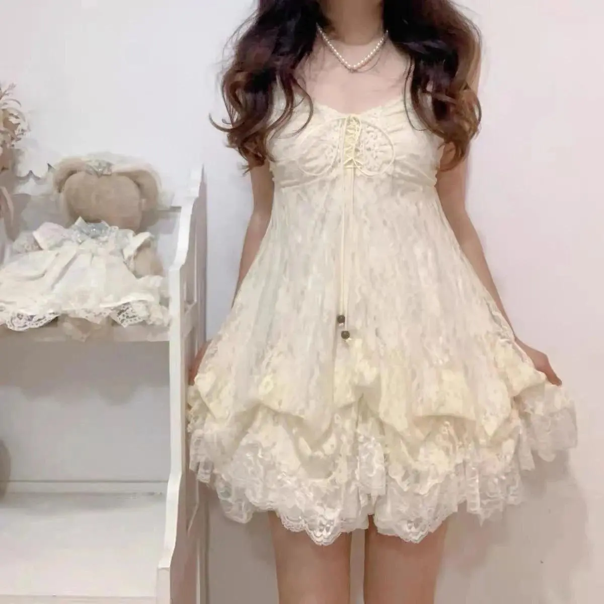 Women's Clothes Summer Japanese Kawaii Lolita Dress Vintage Sweet Lace Bow Ruffles Cake Dress Harajuku Y2k Slim Bandage Dress