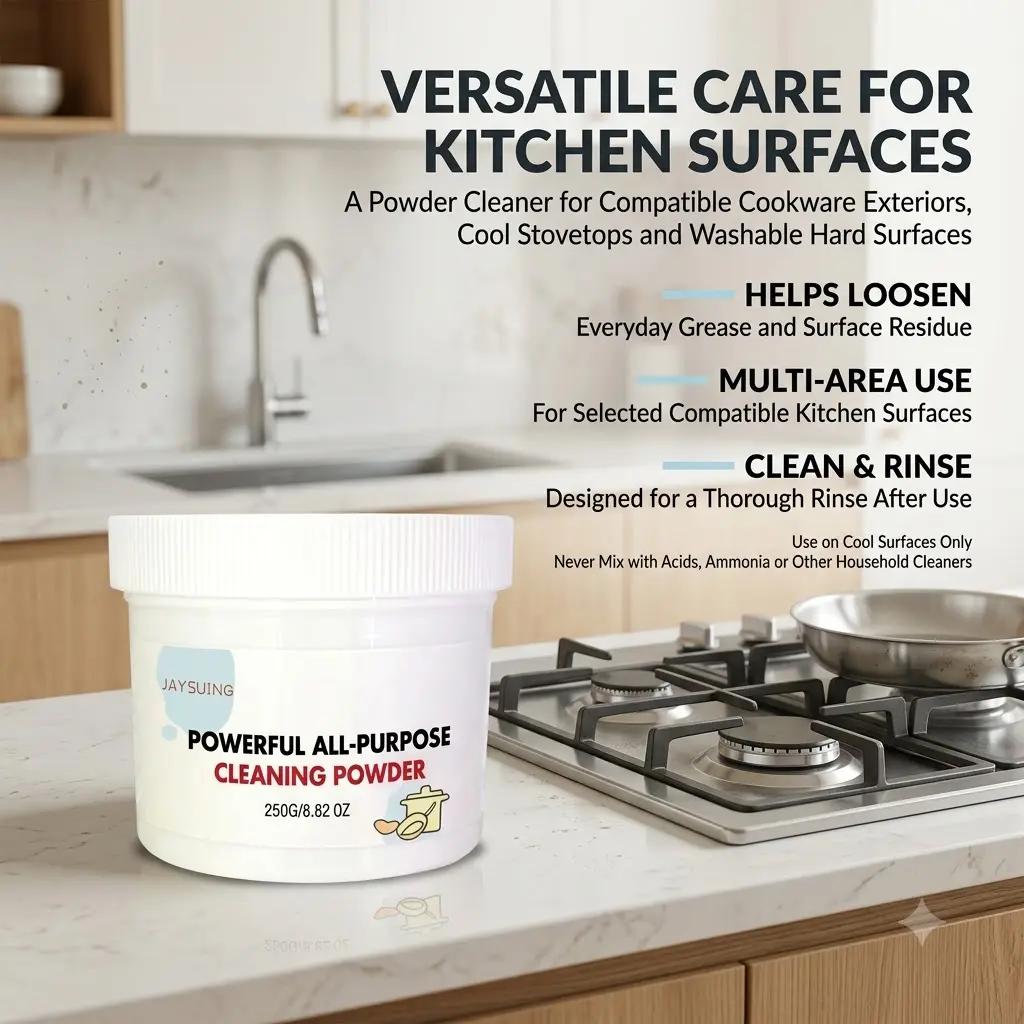 Multi-Purpose Cleaning Powder, Kitchen Degreaser and Rust Stain Cleaner for Cookware, Stove Top, Range Hood, Sink, Burnt Grease, Heavy Oil Stains, Dirt, Grime, Cookware Surface Care, Kitchen Appliance Cleaning and Daily Home Cleaning Use