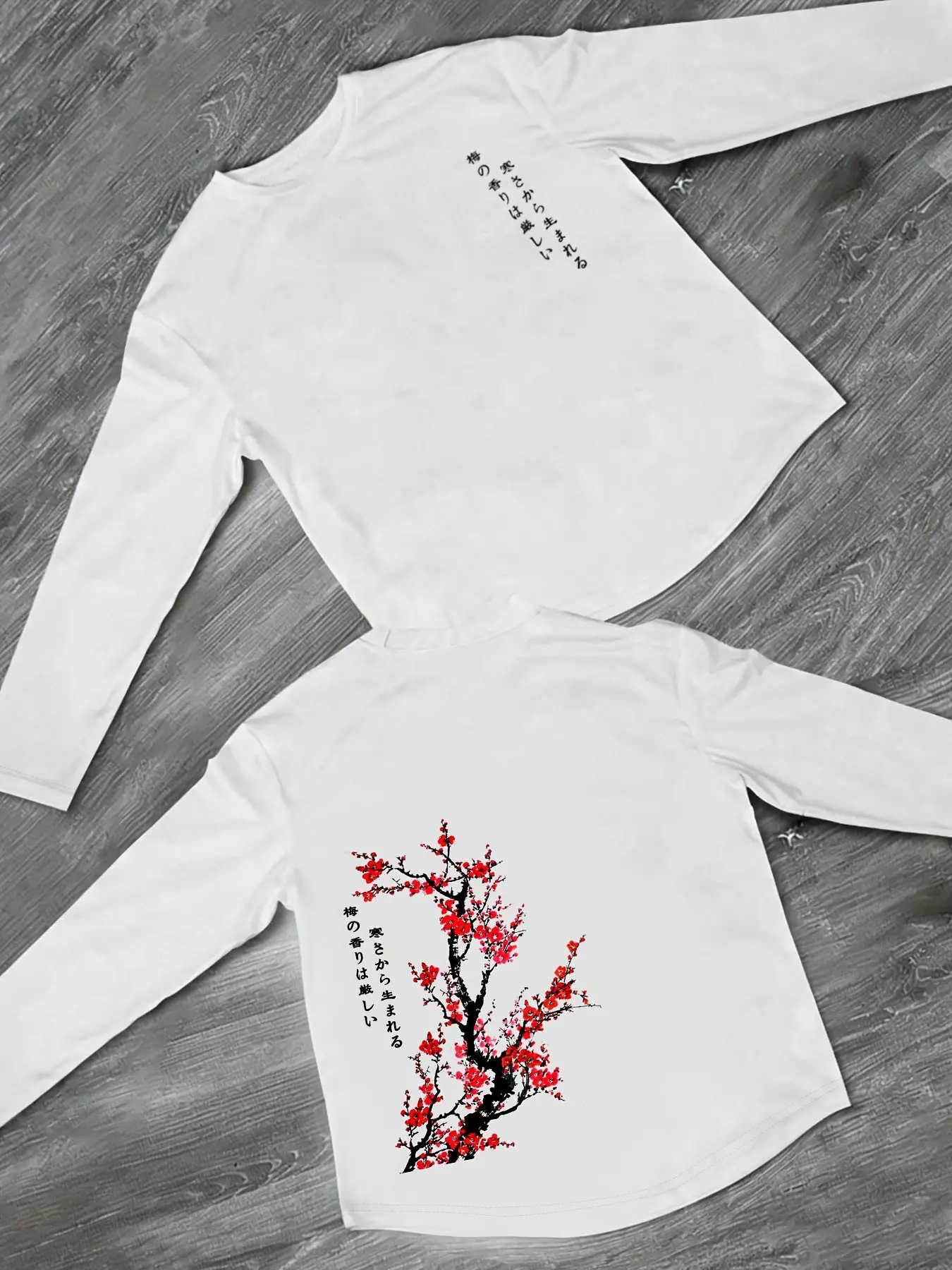 Men's Japanese Plum Blossom Art Print Long Sleeve Shirt Cultural Asian Aesthetic Casual Printed White Graphic Tee Menswear
