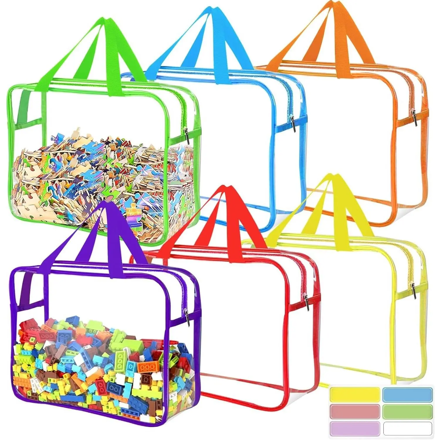 6 Colors Large Clear Toy Storage Bags with Labels, Reusable Transparent PVC Waterproof Organizer with Zipper for Building Blocks, Puzzles, Board Games, Travel Storage, Space-SavingGift