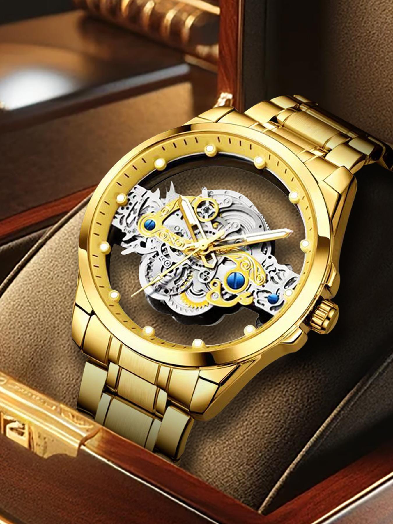 Men's Fashion Sporty Watch, Hollow out Design Round Dial Clasp Analog Quartz Watch, Elegant Business Wristwatch for Daily or Formal Occasions As Gift, with Box