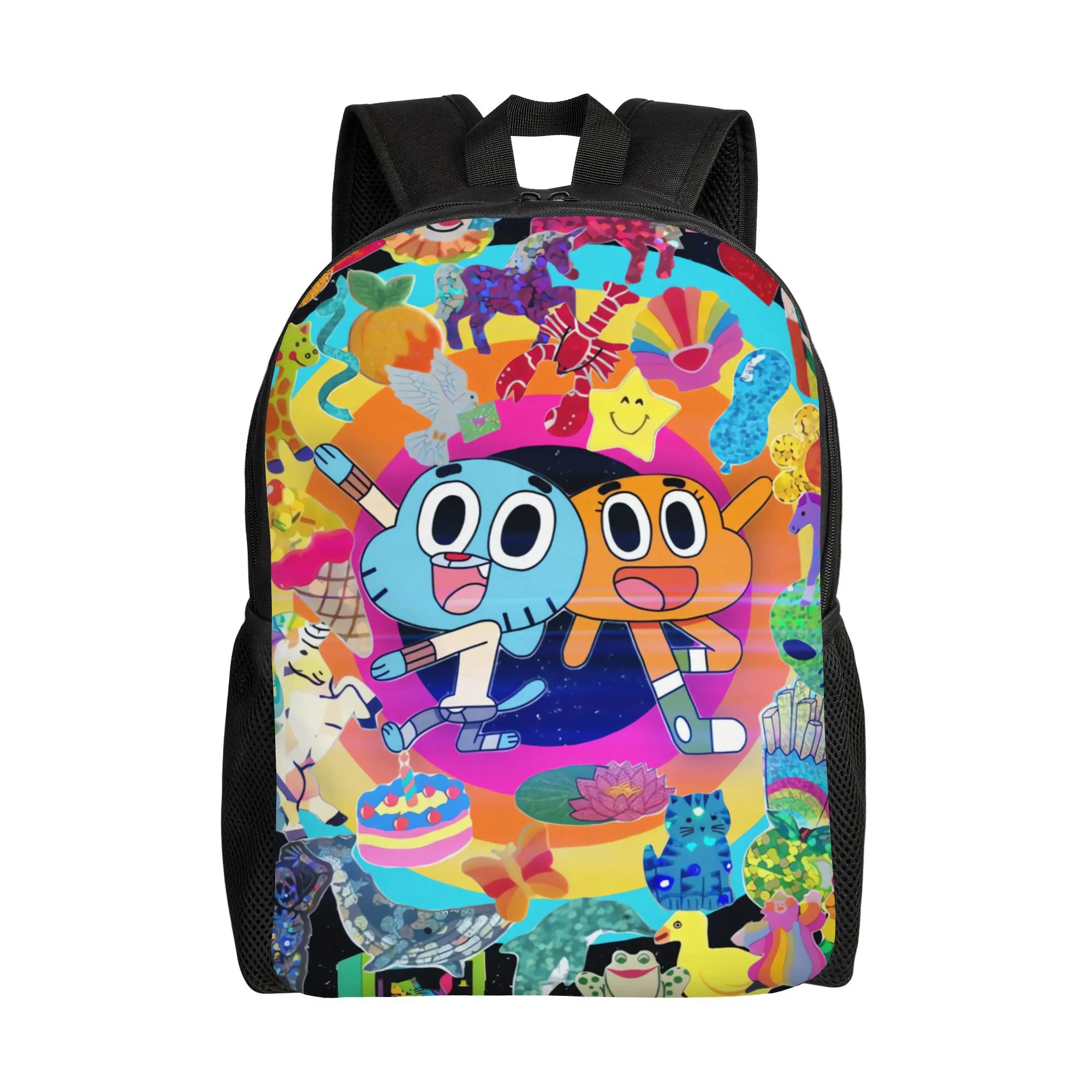 The Amazing World of Gumball Rainbow Collage Backpack, Colorful Sticker Burst Gumball & Darwin Cartoon Daypack, 600D Oxford Lightweight School Bag Padded Straps Fits 15-inch Laptop, Side Mesh Pockets Washable Backpack for Kids Teen Cartoon Lovers, Synthet