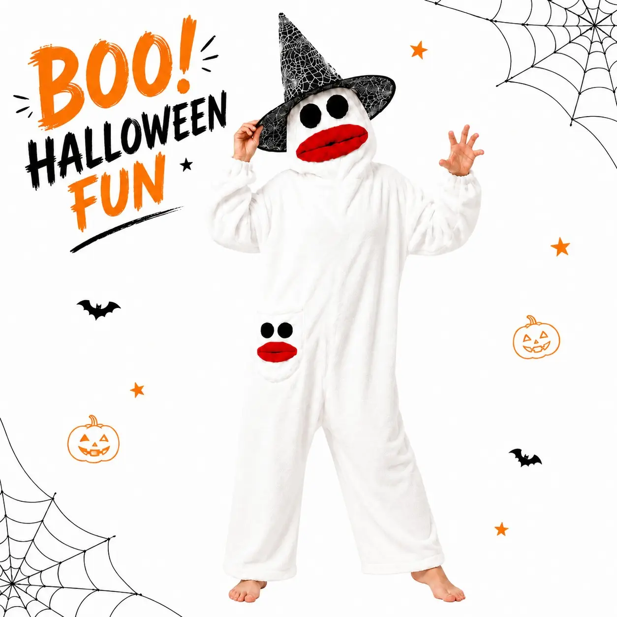 Cute Ghost Witch Hat Wearable Blanket Onesie, Funny Plush Halloween Cosplay Jumpsuit, Cozy Warm Loungewear Sleepwear for Adults