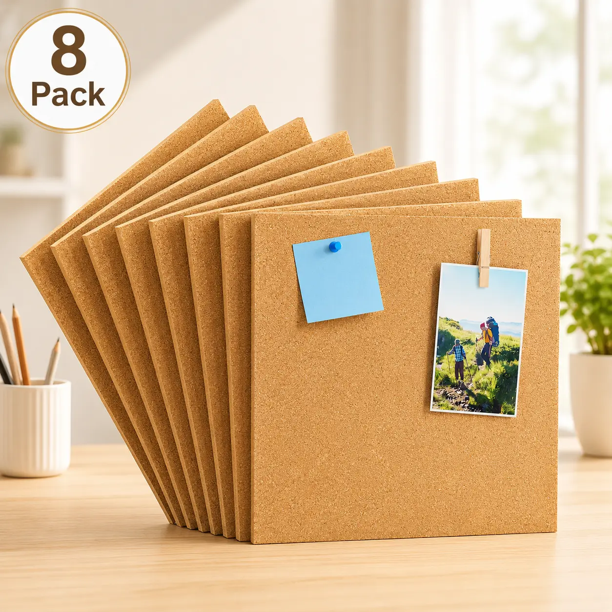 MaxGear 12×12 Inch Lightweight Natural Self-Healing Cork Board Set - Minimalist Modern Smooth Decorative Home Supplies, with Pushpins, Safe Removable Adhesive Tabs for Home Office Organizing, Work Use