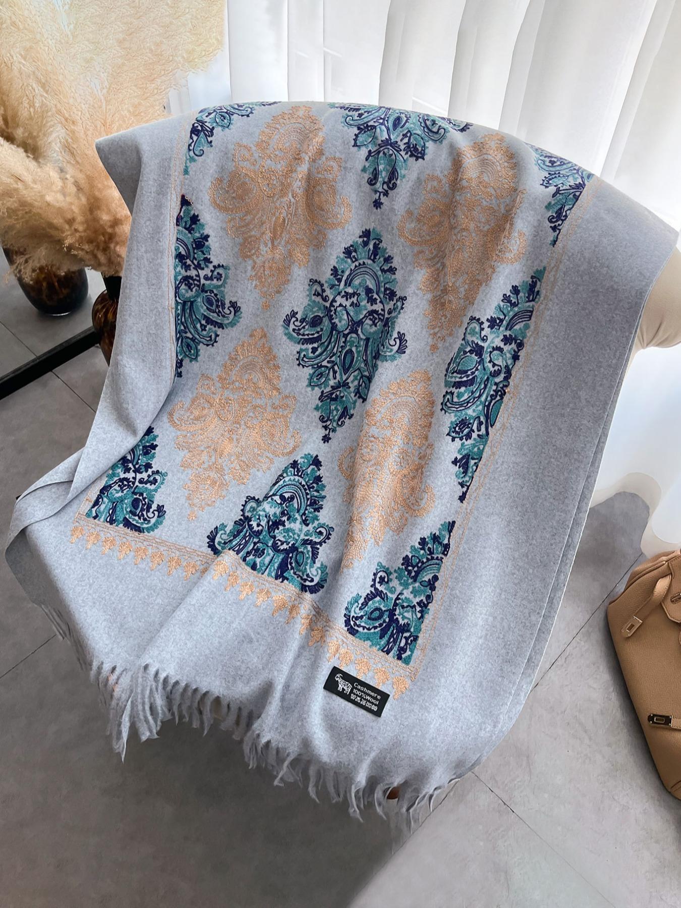 Boho Style Floral & Paisley Embroidery Tassel Decor Shawl, Trendy Casual Soft Warm Double Sided Scarf for Fall & Winter, Fashion Accessories for Women & Men
