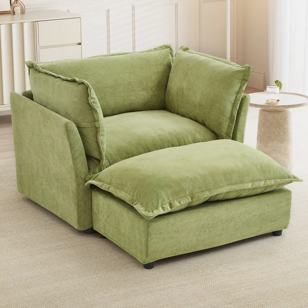 Littleox Modern Armchair Sofa 45.2" Cozy Upholstered Sofa Chair with Movable Ottoman, Wide Seat, Curved Armrests and Soft Pillows for Living Room, Bedroom (Old SKU:N719P292695F),Green