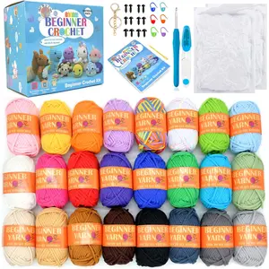 24 Pack Beginners Crochet Yarn Blue Green   Yellow Rainbow  Easy Crochet Yarn for Crocheting Knitting Beginners with Easy-to-See Stitches Beginner Crochet Kit(24x25g)