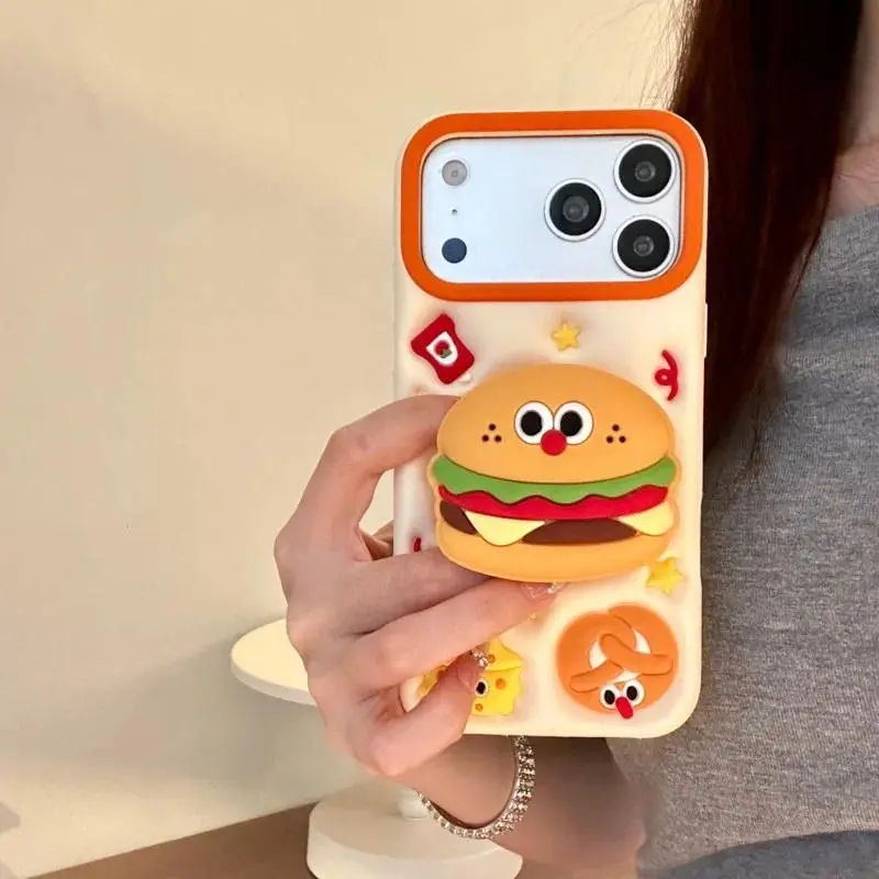 Cartoon Cute Burger Emoji Stand Phone Case For iPhone 17 16 15 14 13 12 Pro Max Plus Silicone Protective Case