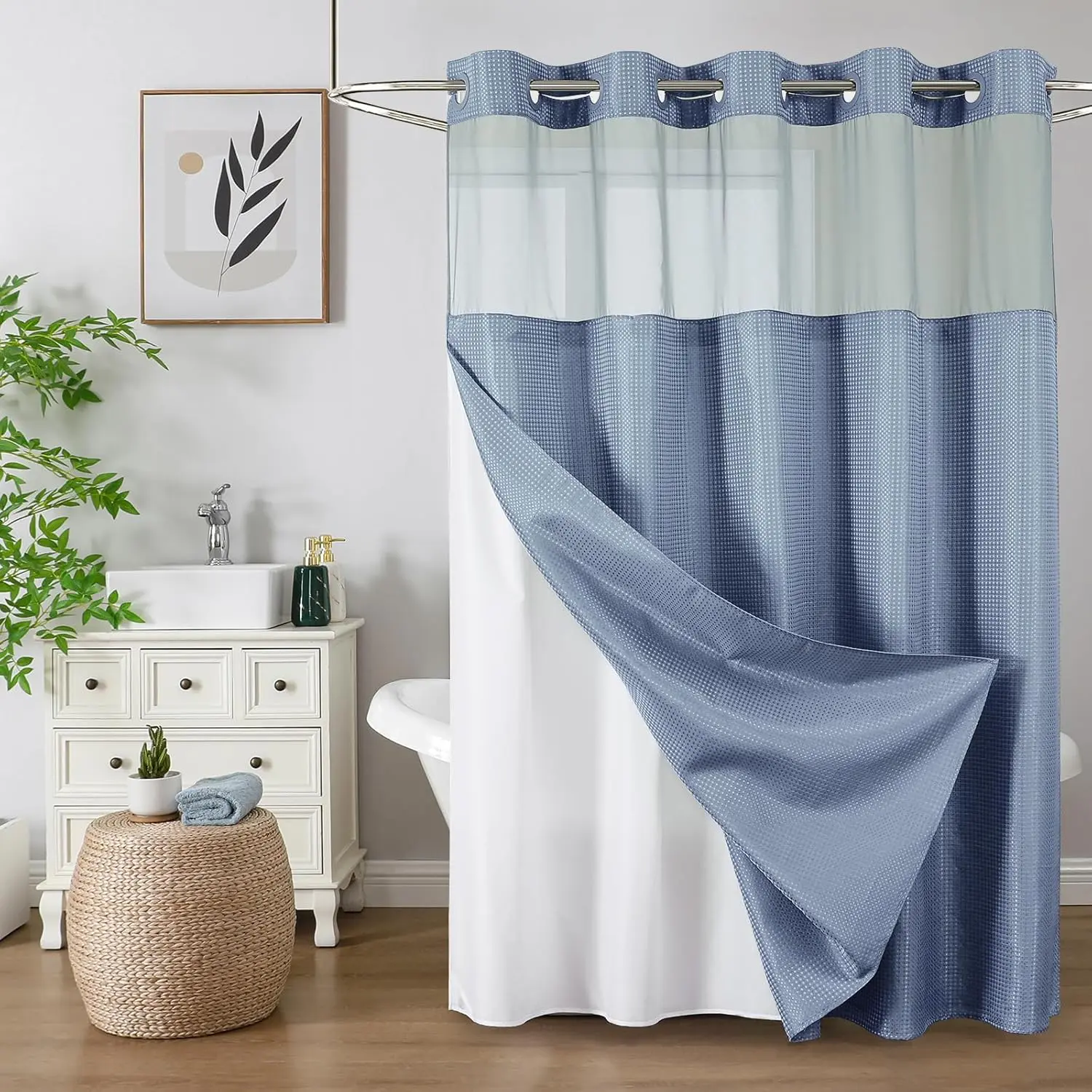 72x75" Modern Hotel-Style Waffle Weave Shower Curtain Set, Heavy-Duty Washable Fabric with Snap-In Liner, Mesh Top Window, Waterproof Moonlight Blue Bathroom Curtain (No Hooks Included)