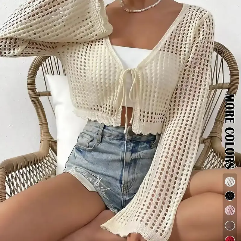 Women's Plain Hollow Out Tie Front Crop Cardigan, Casual Feminine Flounce Sleeves V Neck Cover-Up Knitwear Fit for Spring, Summer & Fall, Women's Knit Clothing Tops for Daily Wear