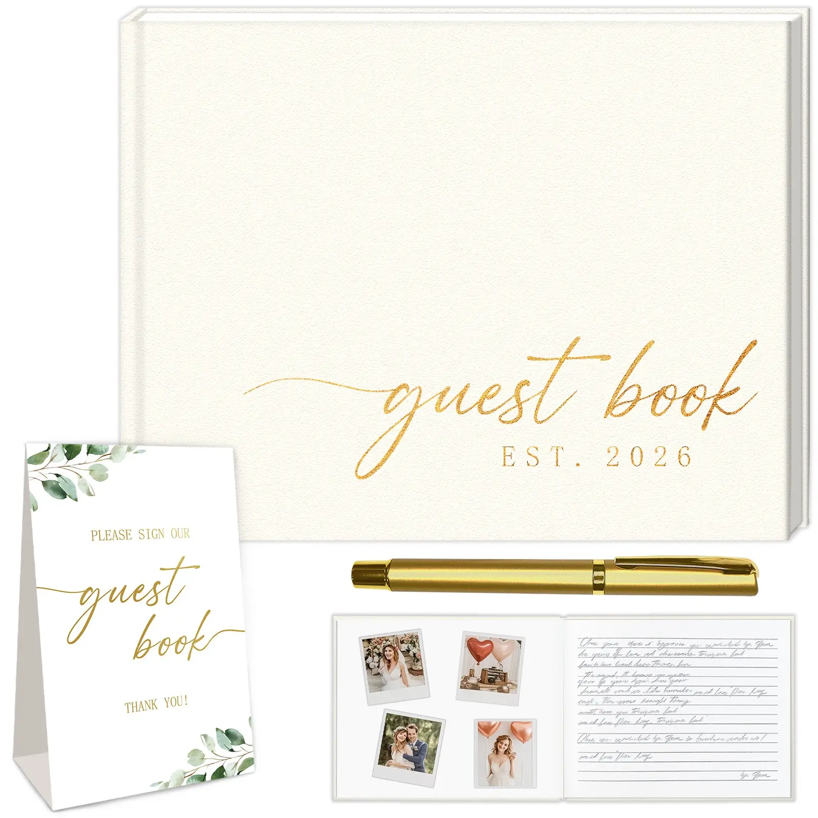 Wedding Guest Book with Photo Corner Stickers, Leather Cover Signature Book, Ideal for Bridal Shower, Wedding Reception Party, Bridal Shower Gift