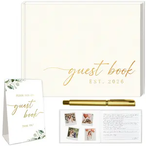 Wedding Guest Book with Photo Corner Stickers, Leather Cover Signature Book, Ideal for Bridal Shower, Wedding Reception Party