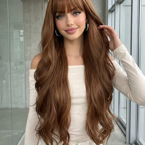 30-Inch Long Wavy Wig with Bangs, Voluminous Waves, Natural Look, Full Headpiece, All-Season, Natural Looking Wigs