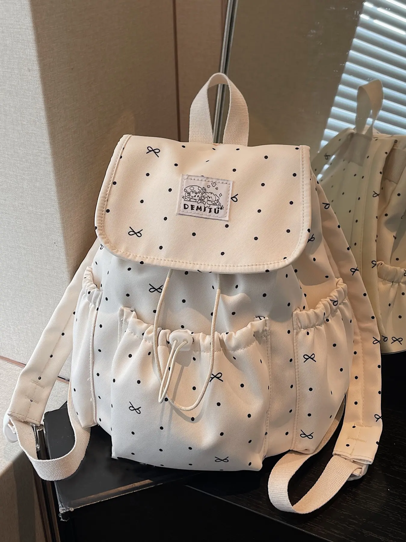Cute polka dot bow print women's backpack, drawstring flip casual backpack, cartoon label decoration large capacity multi pocket daily bag, sweet style school travel backpack