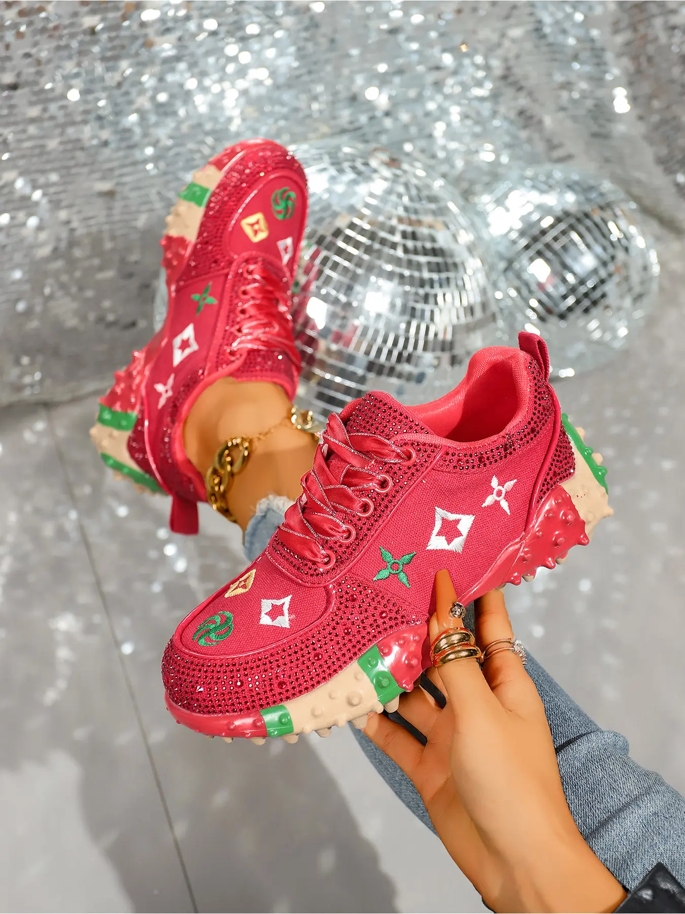 Ladies Denim Blue Embroidered Rhinestone Chunky Dad Sneakers Spiked Lug Sole White Ribbon Lace Up Retro Y2K Party Street Glitter Casual Shoes