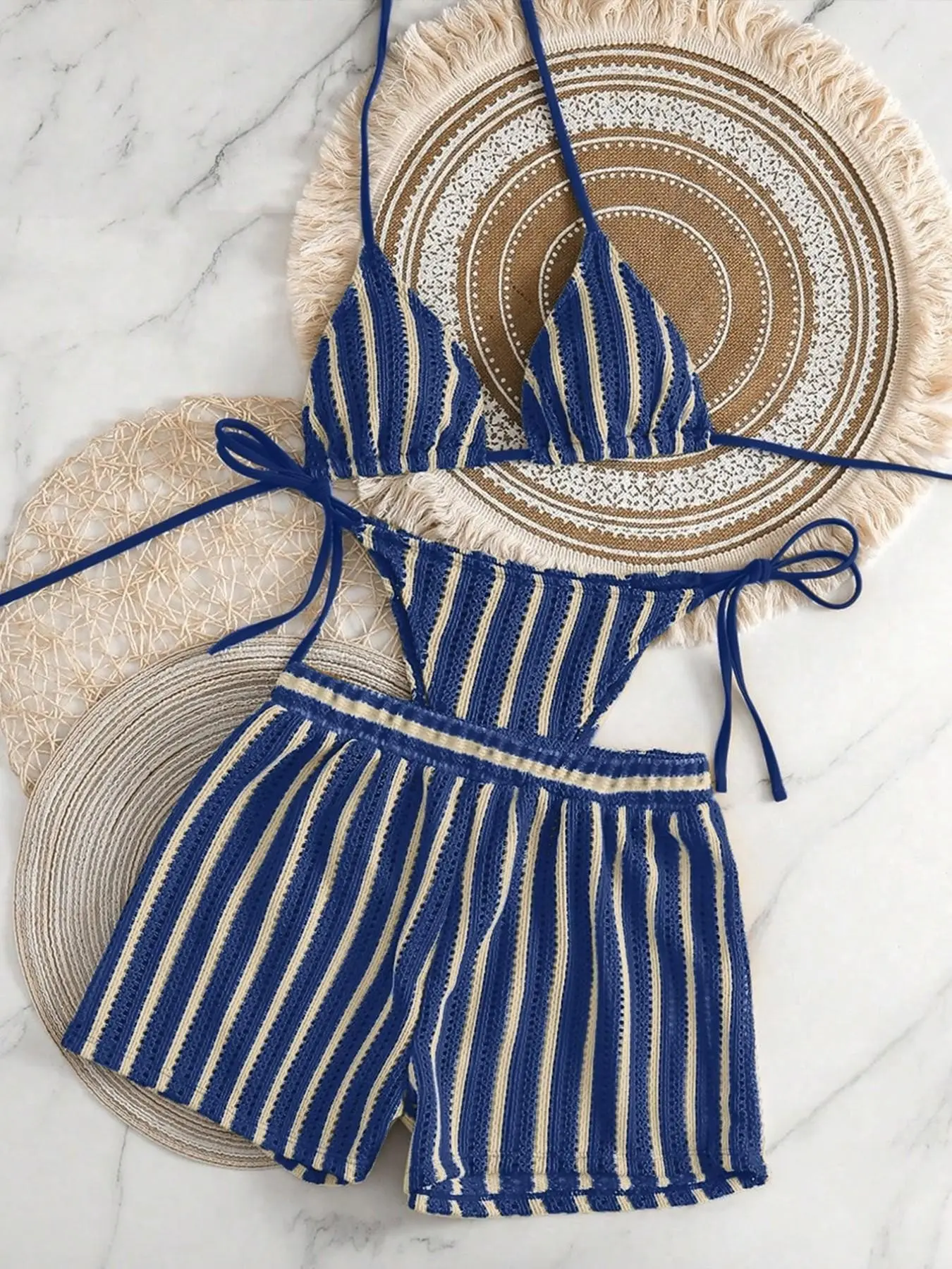 Women's Summer Knit Three-Piece Swimsuit, Blue Striped Style, Triangle Bikini with High-Waist Cover-Up, Beach & Poolwear