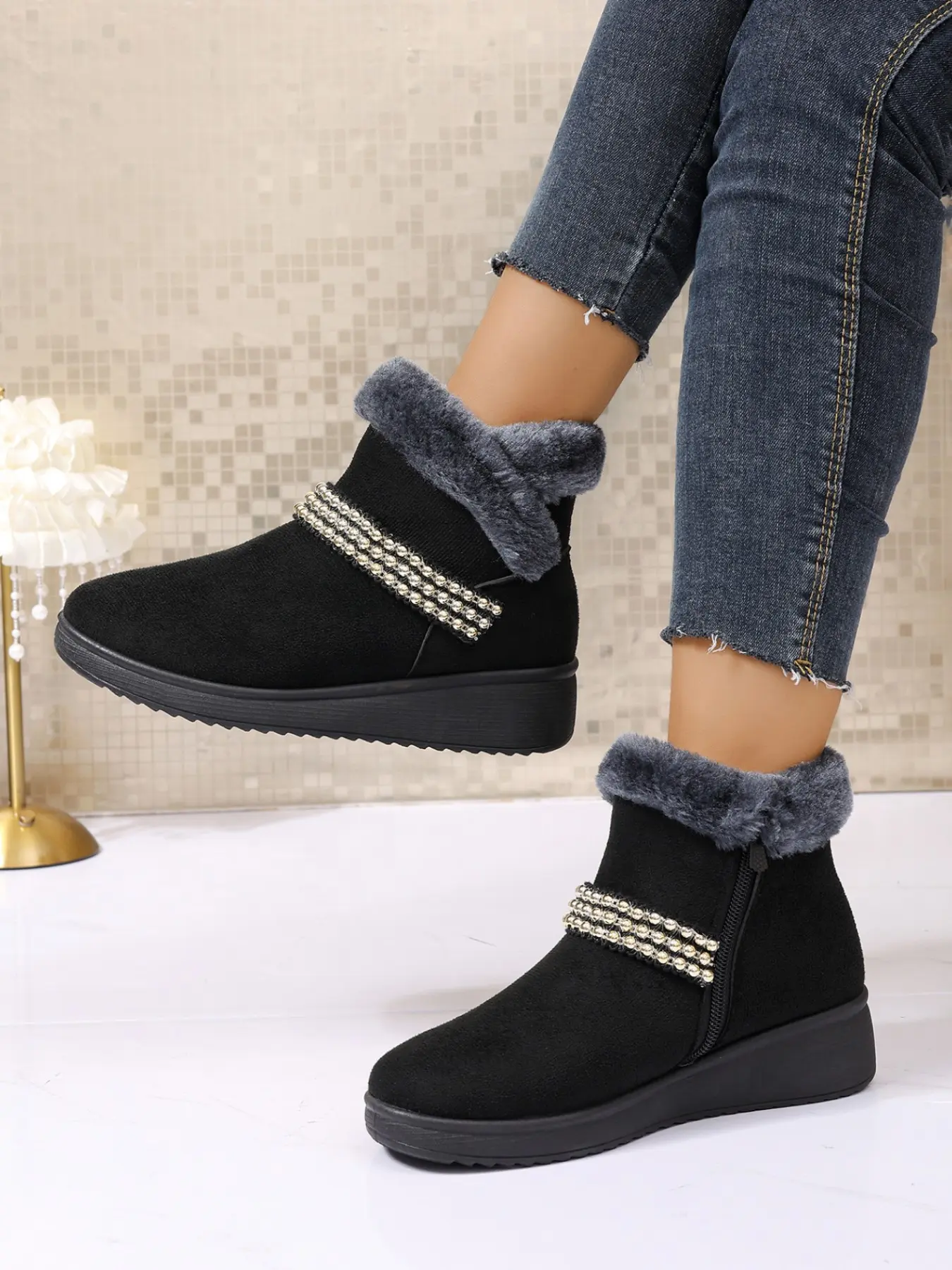 Women's Fall Winter Short Snow Boots, Thick Fleece Lining, Rhinestone Trim, Side Zipper, Soft Sole, Casual Daily Wear