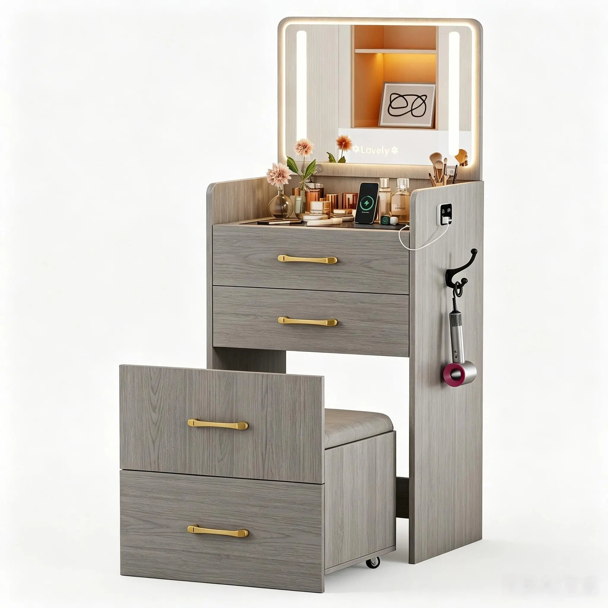 3-in-1 Mini Makeup Vanity Desk Set with LED Lighted Mirror, USB Charging Port, Storage Compartments, and Hidden Rolling Stool - Compact Gray Vanity for Bedroom or Apartment