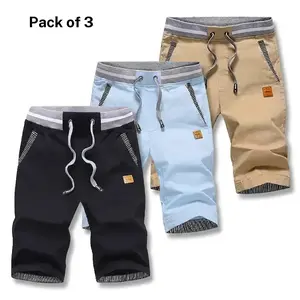 3 Pack Men’s Elastic Waist Drawstring Casual Knee Length Shorts, Contrast Trim Pockets & Hem, Soft Breathable Fabric, Relaxed Fit Casual Trousers, Ideal Summer Wear for Daily Errands, Outdoor Walks, Casual Hangouts and All Day Everyday Styling.