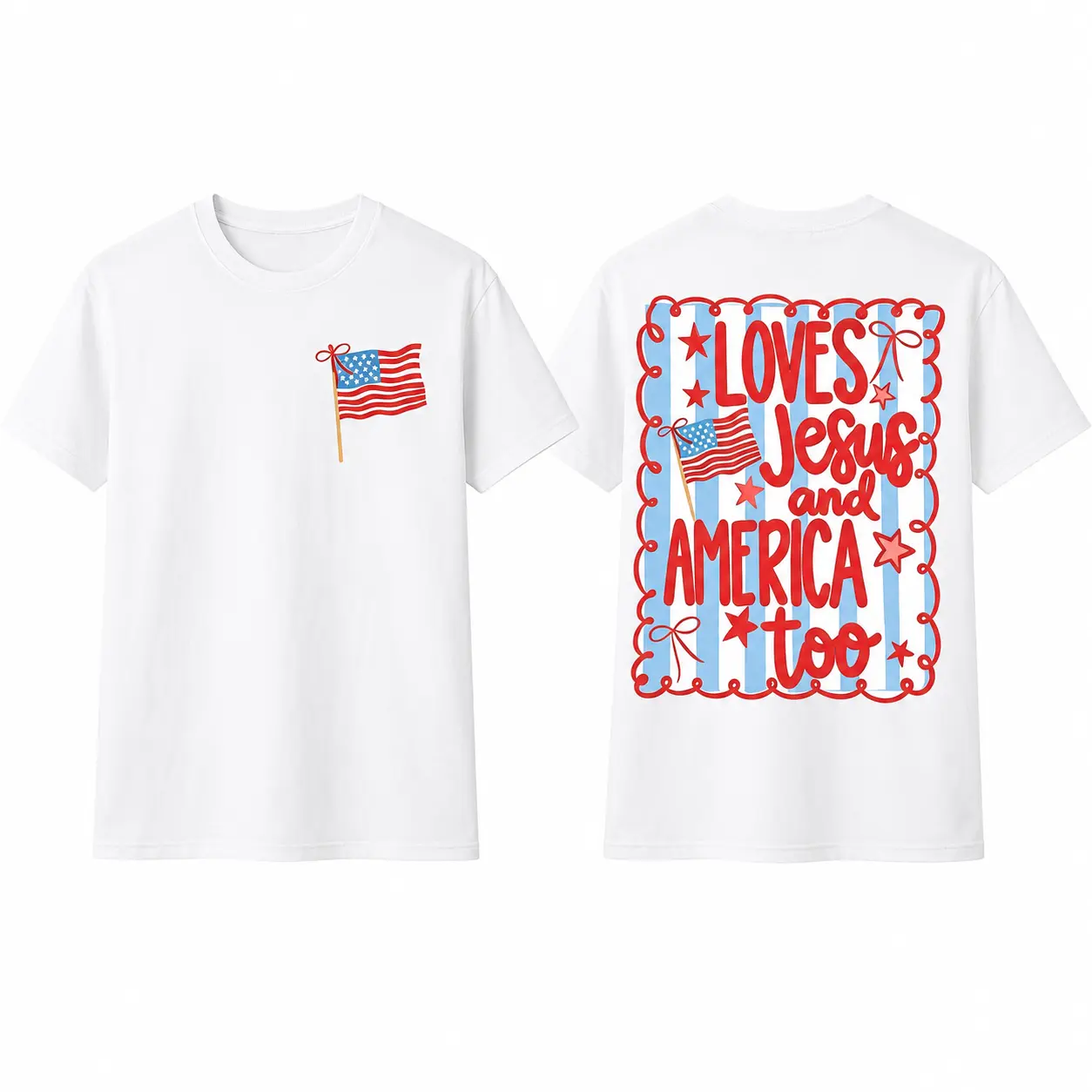 Loves Jesus and America Too Shirt, 4th of July Patriotic Coquette Bow Tee Flag Shirt USA Preppy Red White Blue Shirt,funny graphic tee,summer graphic tees,tee