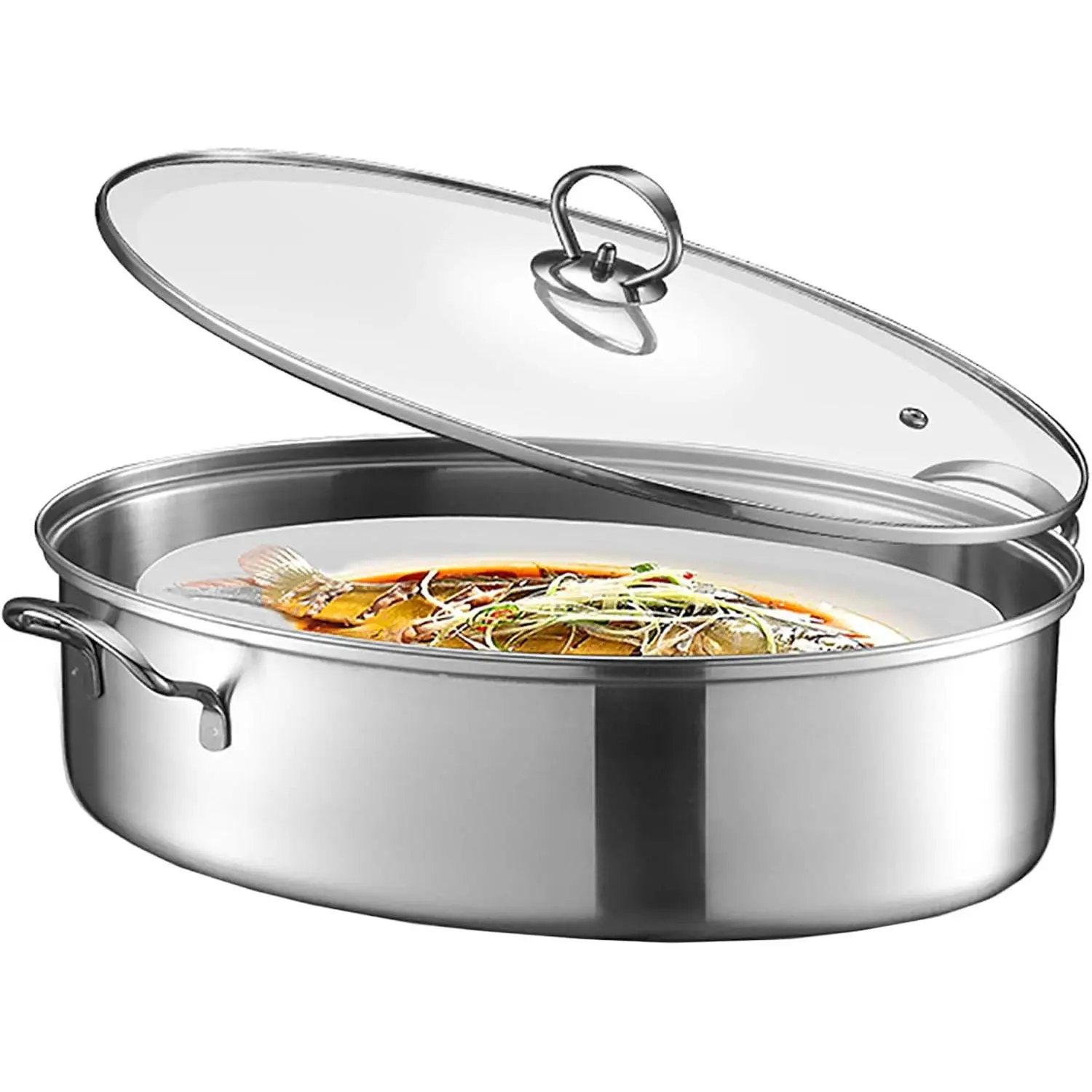8Qt Stainless Steel Fish Steamer - Multi-Use Oval Cookware with Rack, Ceramic Pan, Chuck - Stockpot for Steaming Fish, Boiling Soup