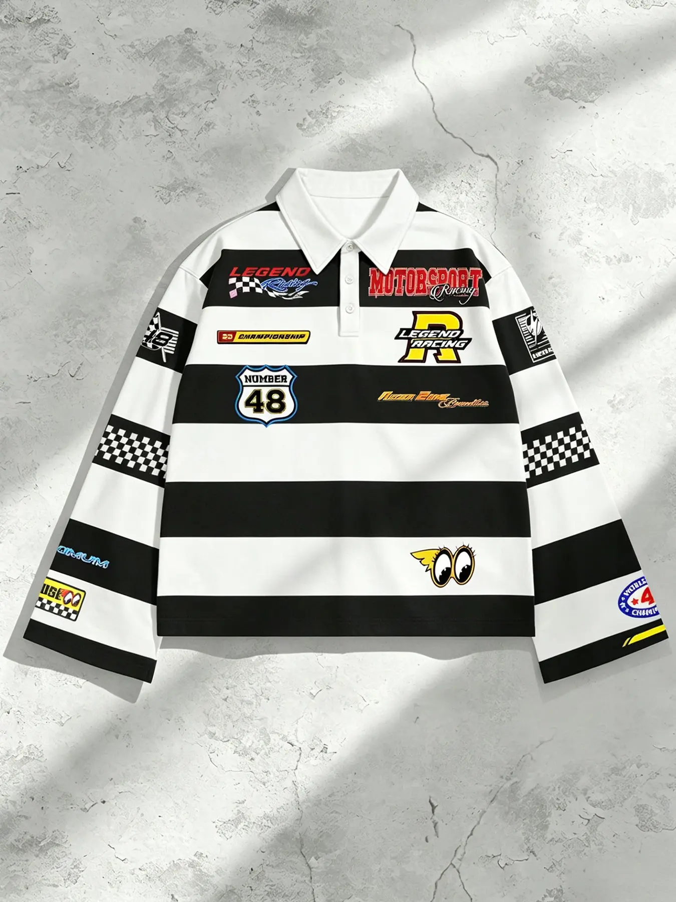 Y2K Motorcycle Racing Striped Checkerboard Polo Shirt, Long Sleeve Loose Fit, Vintage Street Style, Unisex Oversized Top, Fall Fashion
