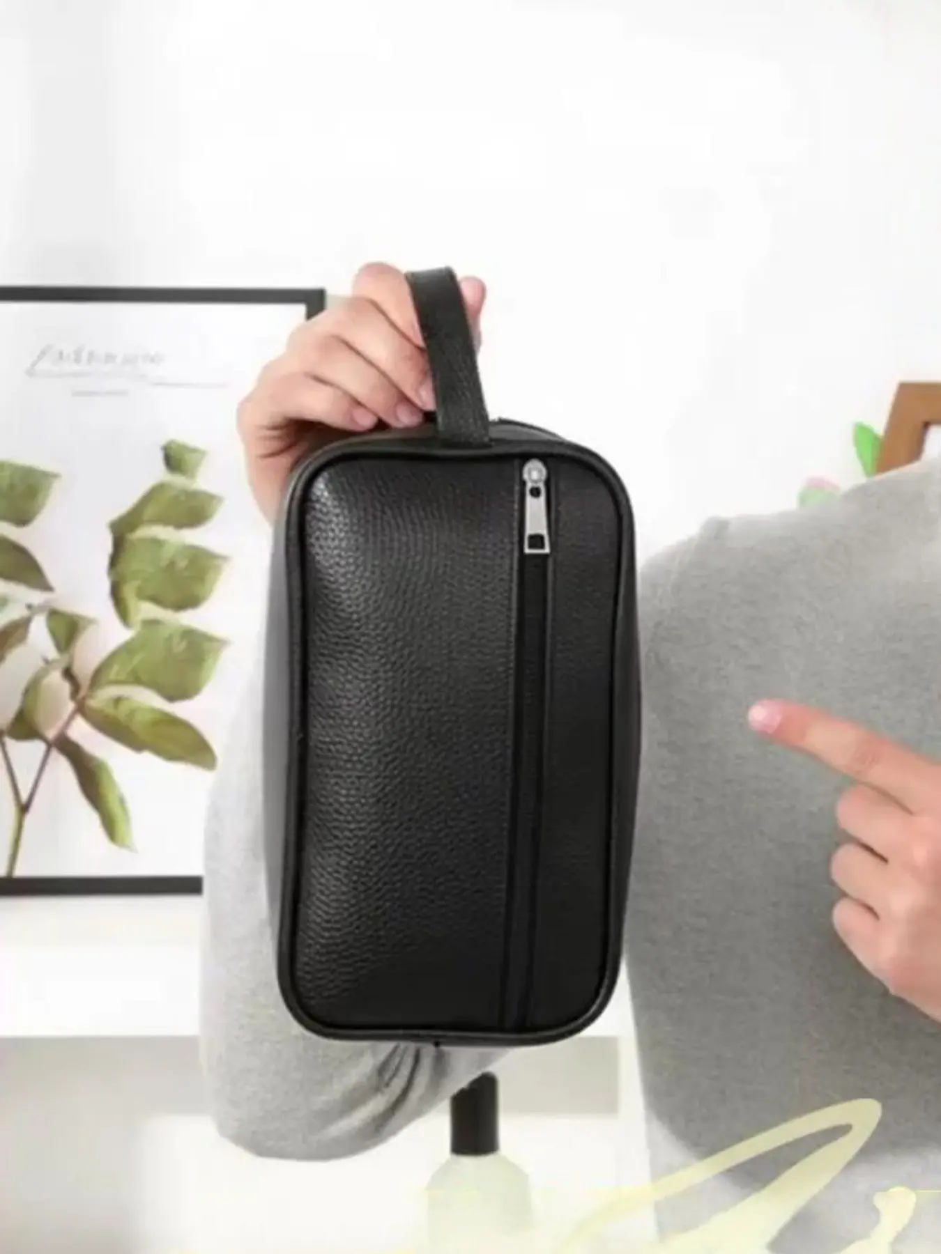Unisex Textured Leather Toiletry Bag, Durable Litchi Grain, Portable Handheld With Double Zippers, Layered Storage, 2 Sizes Available, Minimal Luxury Pouch For Travel & Business Trips