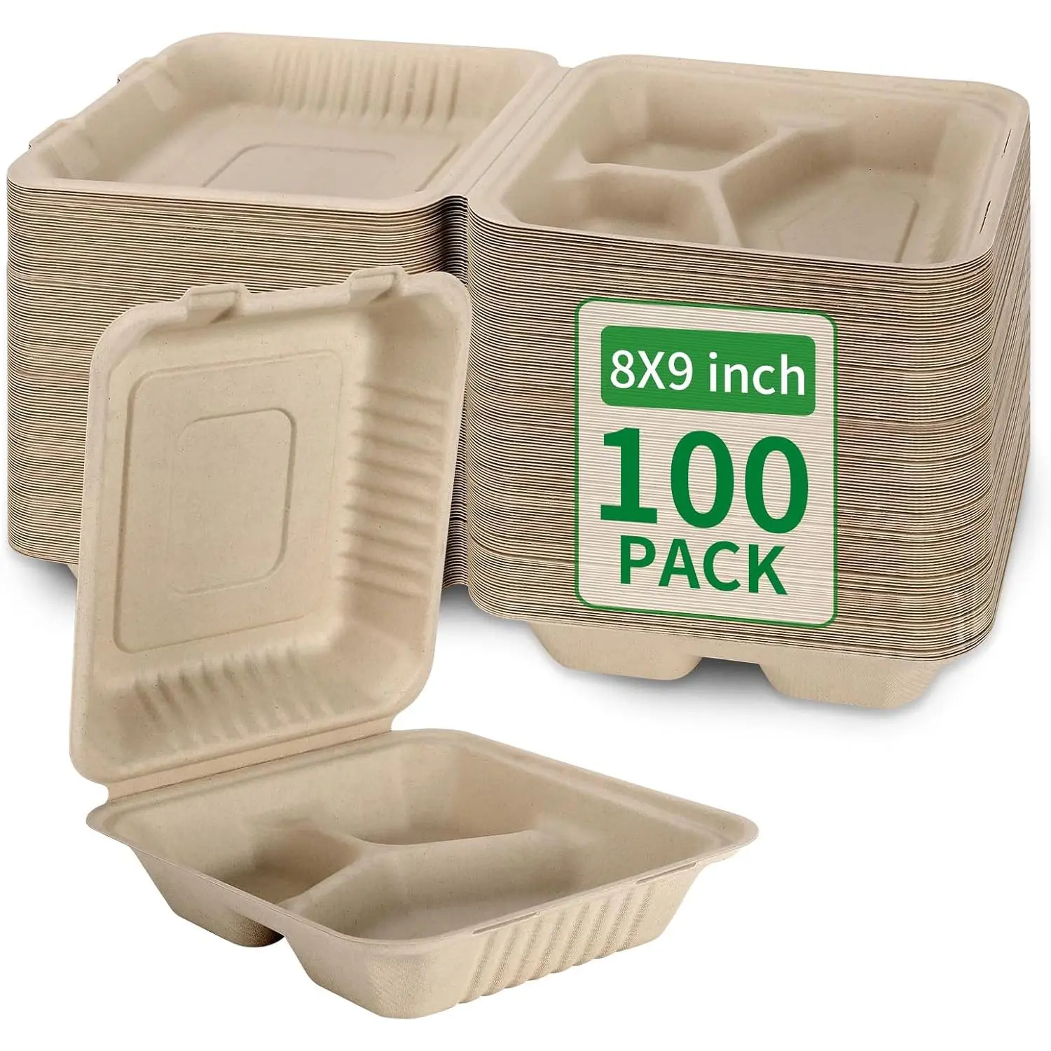 100-Piece 3-Compartment Brown Sugarcane Takeout Lunch Boxes with Lids, 8x9in Disposable Eco-Friendly PFAS-Free Biodegradable Tableware for Food Takeout, Wedding & Home Supplies