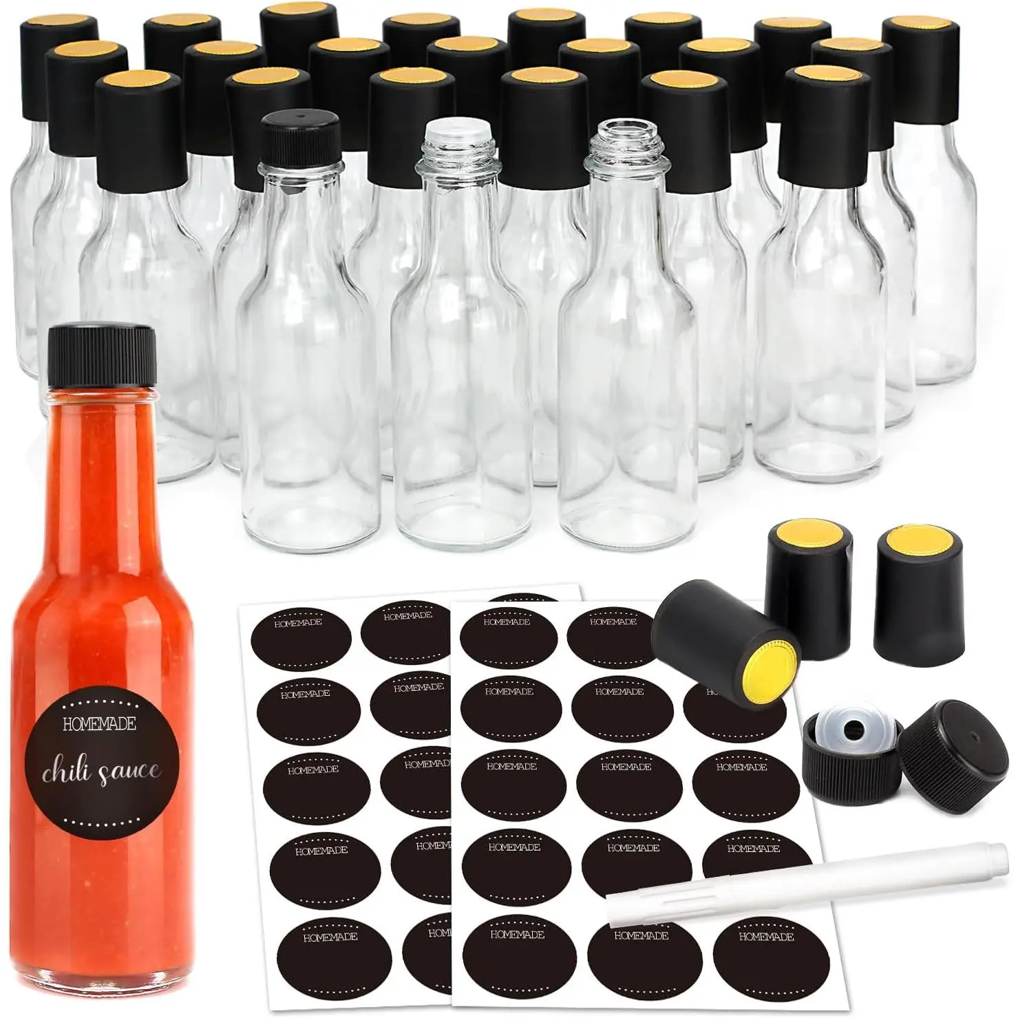 Mini Hot Sauce Bottles 3 oz, 24 Pack Ginger Shot Bottles with Shrink Capsules, Glass Mini  Bottle with Label, for Kitchen Sauce Oil