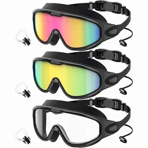 3 Pack Adult Swim Goggles Wide View UV400 Anti-Fog Leakproof Swimming Glasses with Free Nose Clips Unisex for Pool & Outdoor Water Sports