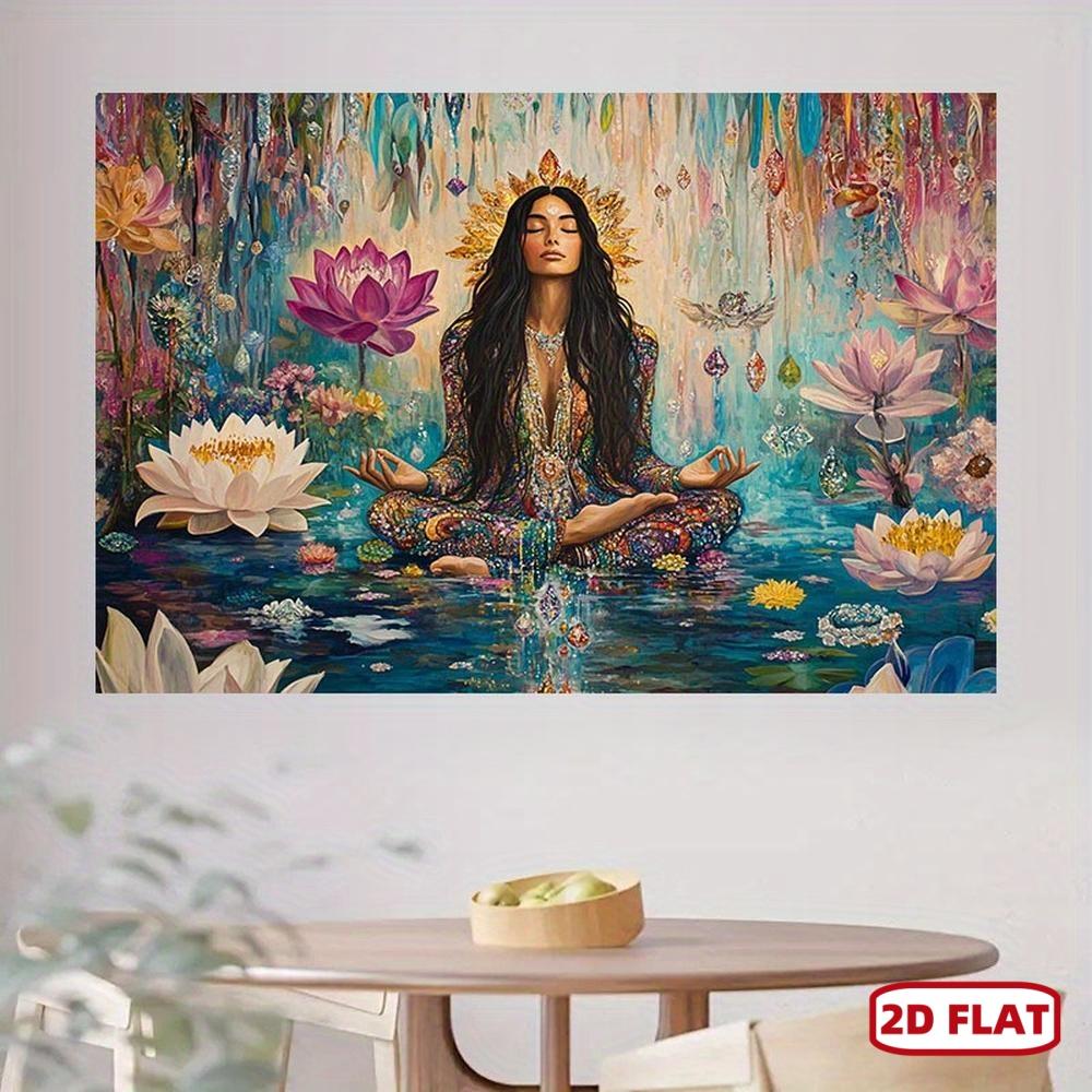 2D Flat Mystical Meditation Lotus Tapestry Vibrant Spiritual Wall Art with Serene Woman in Pose Colorful Flowers Butterflies Perfect for Christmas New Year Special Occasions Polyester Decor, Flat 2D, One-Piece