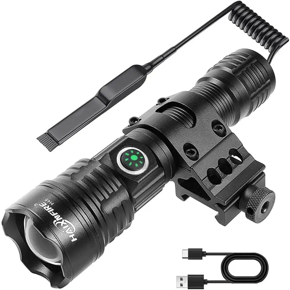 Aircraft Alum. Tactical Flashlight, 6000 Lumen Long Range LED for Outdoors, USB-C Rechargeable and Zoomable with Strobe Modes, Includes Picatinny Rail Mount & Pressure Switch