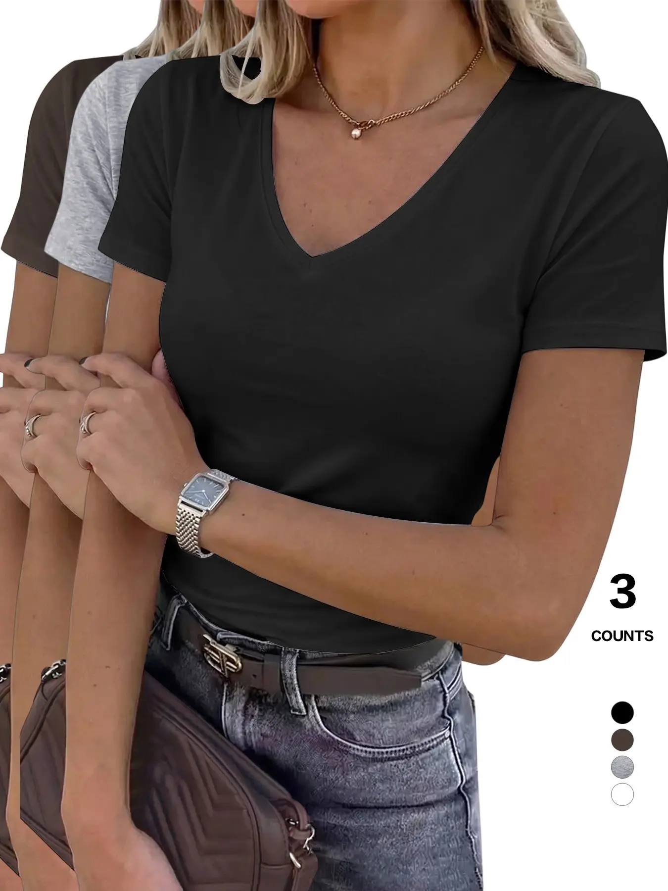 Women's 3 Pack V Neck Short Sleeve T-Shirts, Slim Fit Soft Stretchy Basics, Casual Tees for Jeans, Work, Travel, Summer, Ruched