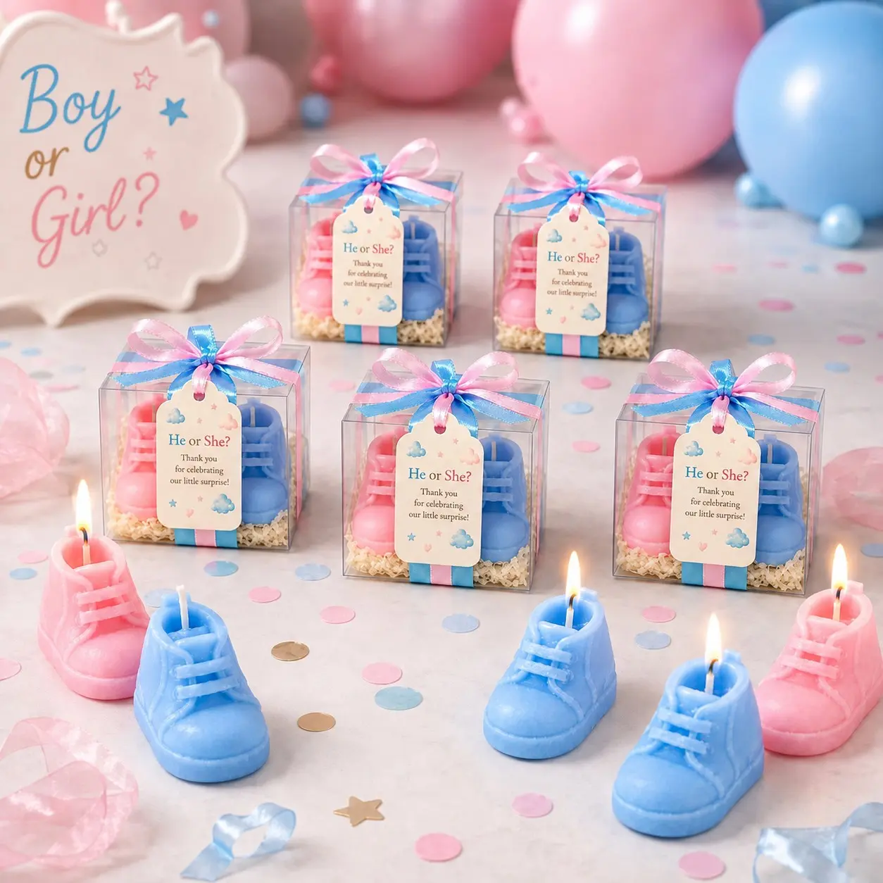 5/10 Sets Pink & Blue Baby Shoe Candle Favors with Clear Gift Boxes & Thank You Tags, Baby Shower Favors, Gender Reveal Party Decorations, Boy or Girl Guest Gifts, Baptism and Christening Favors Souvenirs
