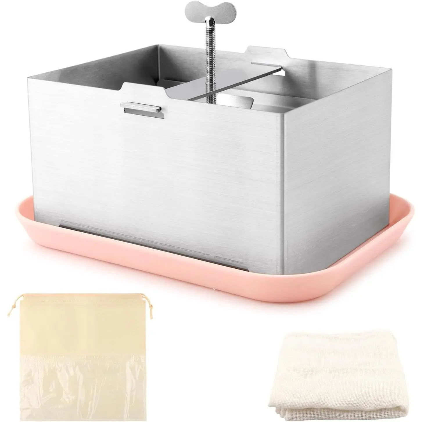Tofu Press Stainless Steel with Tofu Presser Towel and Drip Tray for Homemade Tofu, DIY Paneer Maker Vegan Cheese Press Kitchen Tool with Adjustable