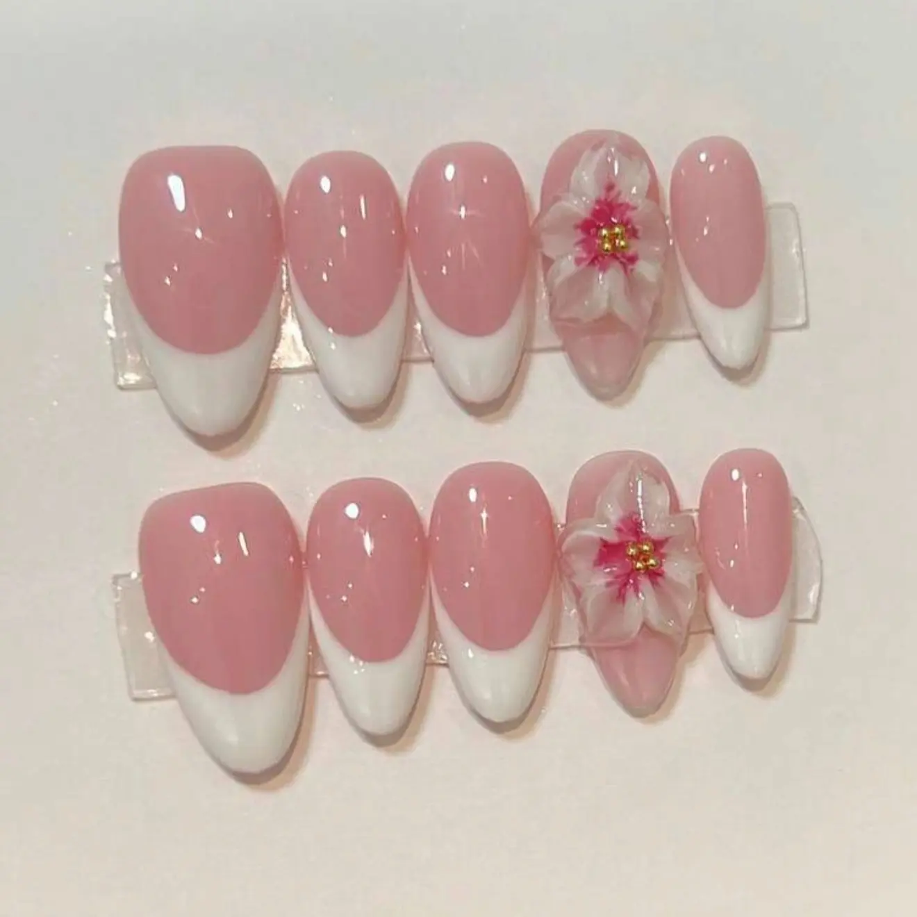 Nude Almond Press-On Nails, French Edge False Nails, 3D Floral Cherry Blossom Decor, Reusable Nail Art for Dates, Weddings, Casual Wear