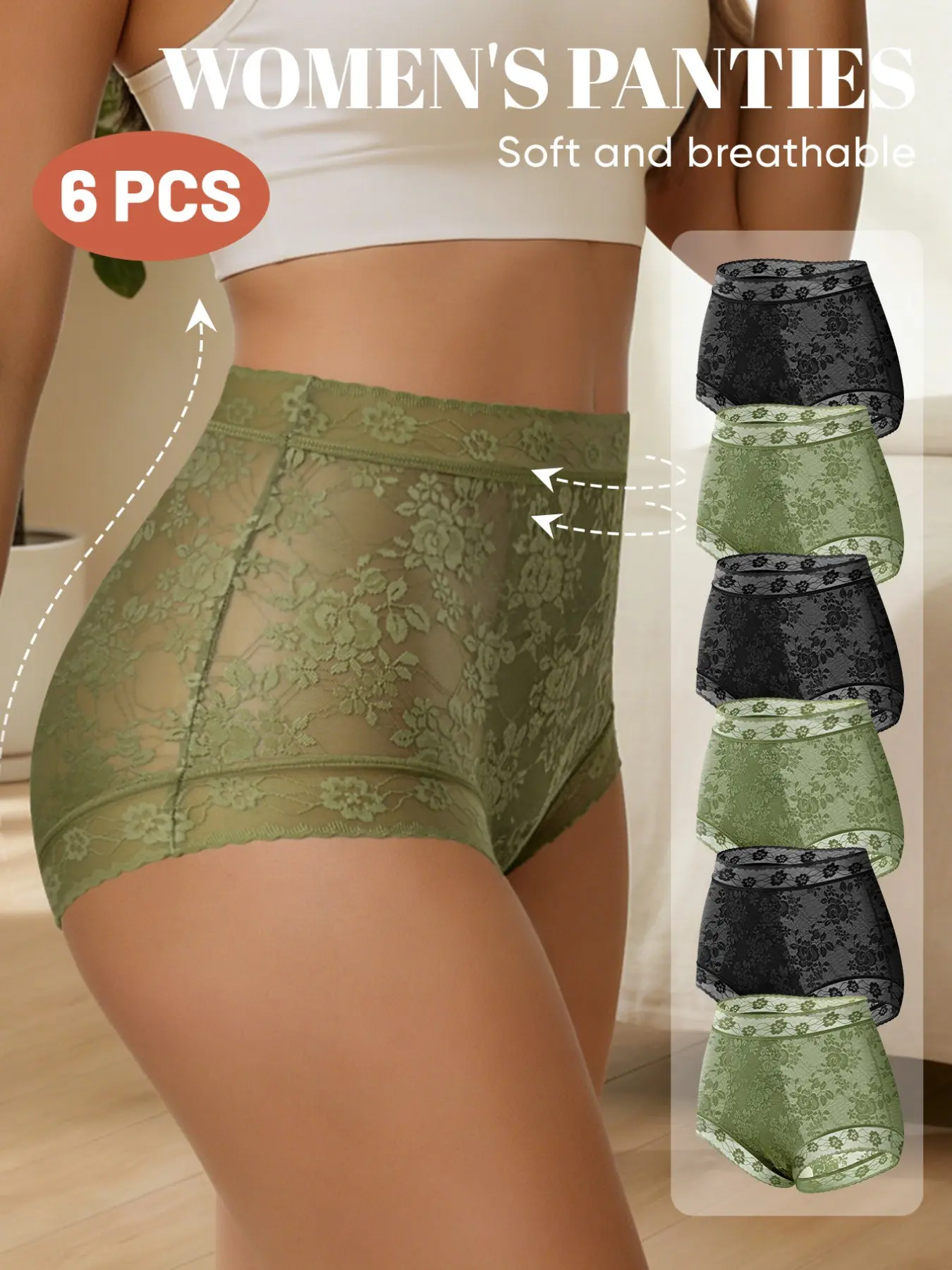 6 Pack Shaping Panties, Elegant Sheer Lace High Rise Soft Underwear, Body Sculpting, Fitted, Sexy Style, All Seasons, High Waisted Underwear