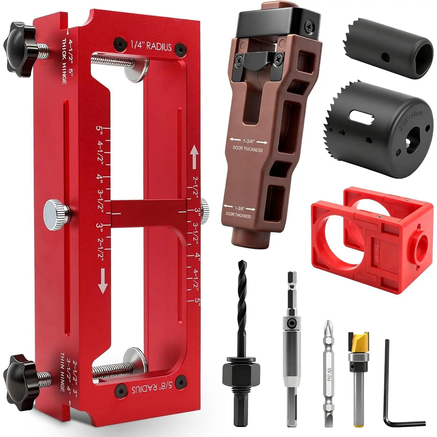 ALL-IN-ONE Door Hinge Jig, Door Lock and Door Latch Installation Kit, Aluminum Alloy Router Template for Hinge Mortising from 2.5" 5" and Types of Square, 1/4", 5/8" Radius, Door Hole Drilling Kit
