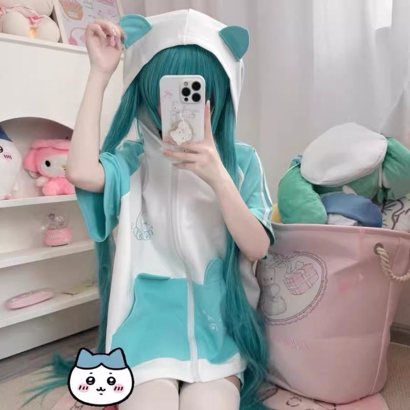 Hatsune Miku Hooded Short Sleeve Tracksuit Cat Ears Cartoon Hatsune Miku Drawstring Shorts Girls Holiday Gifts Casual Fashion