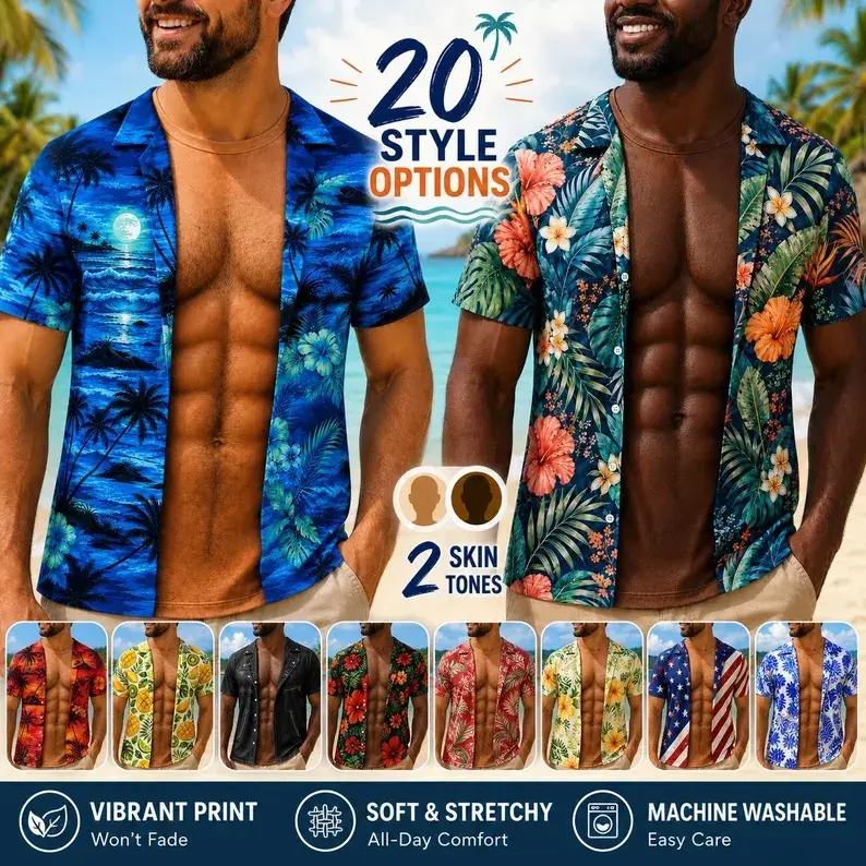 Funny Muscle Illusion Shirt for Men, 3D Fake Open Hawaiian Shirt Tee, Personalized Summer Vacation Party Gift, Tropical Beach Funny T Shirt
