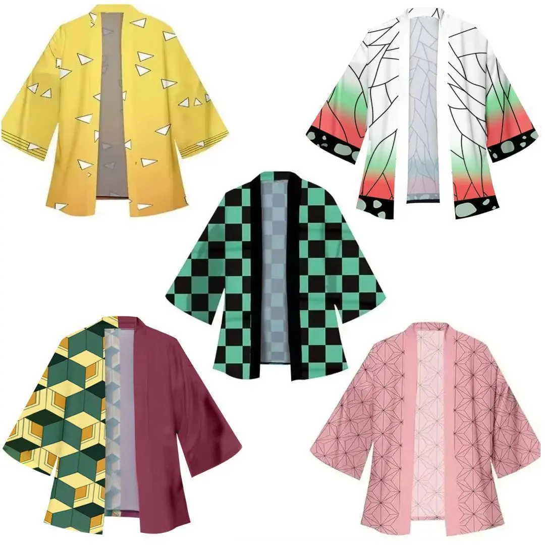 Unisex Smooth Anime Haori Kimono Cardigan Jacket - 3/4 Sleeve Soft Japanese Tanjiro Print Style Top, Lightweight Cosplay Check Clothes for Women's Daily Wear