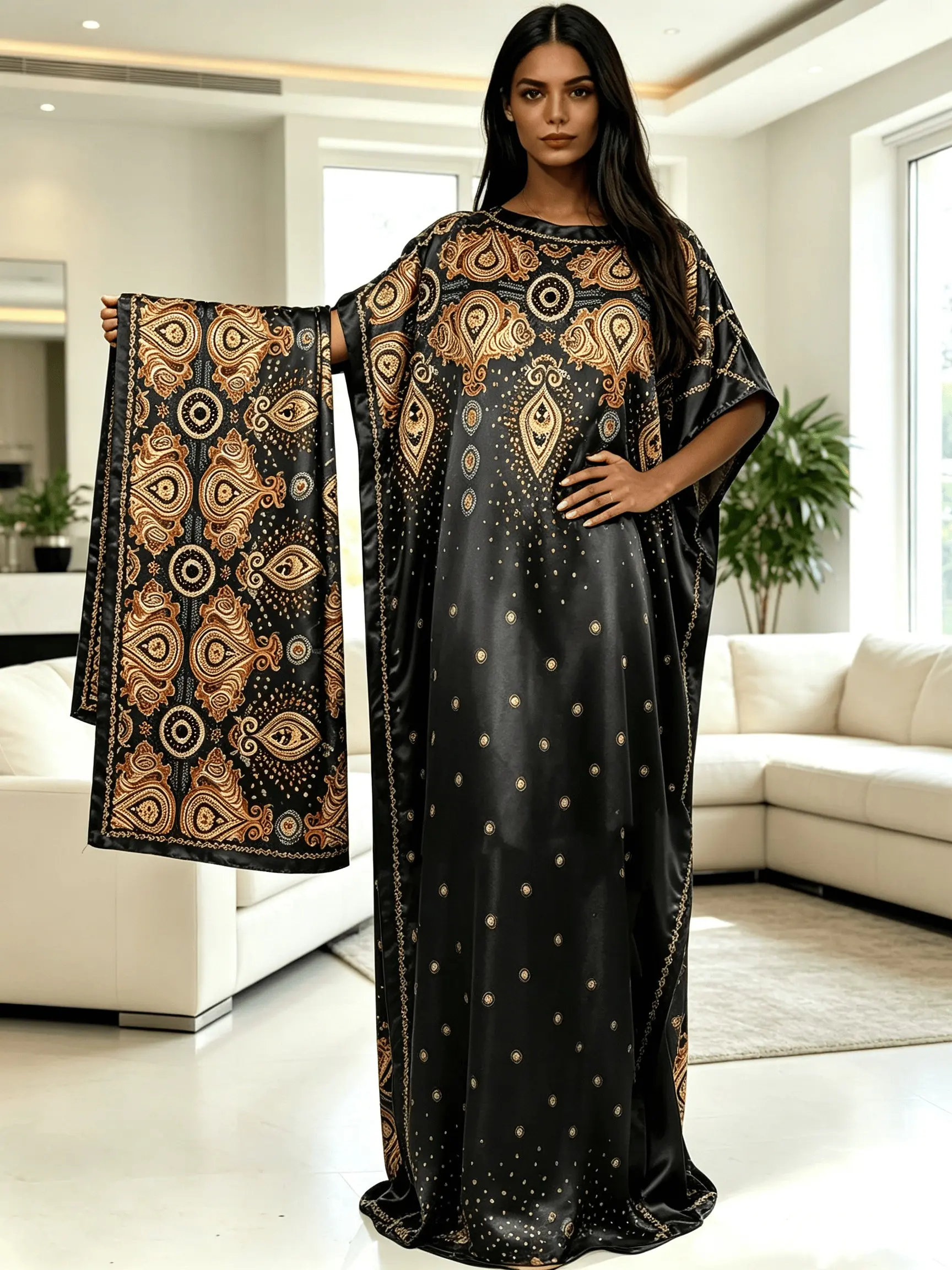 Women Oversized Black Golden Paisley Floral Caftan Maxi Dress Two Piece Outfit With Scarf, Loose Flowy Kaftan Robe, Curvy Friendly Plus Size Beach Cover Up, Luxury Soft Ethnic Resort Wear, Bohemian Lounge Night Gown, Summer Vacation Pool Robe, Matching Go
