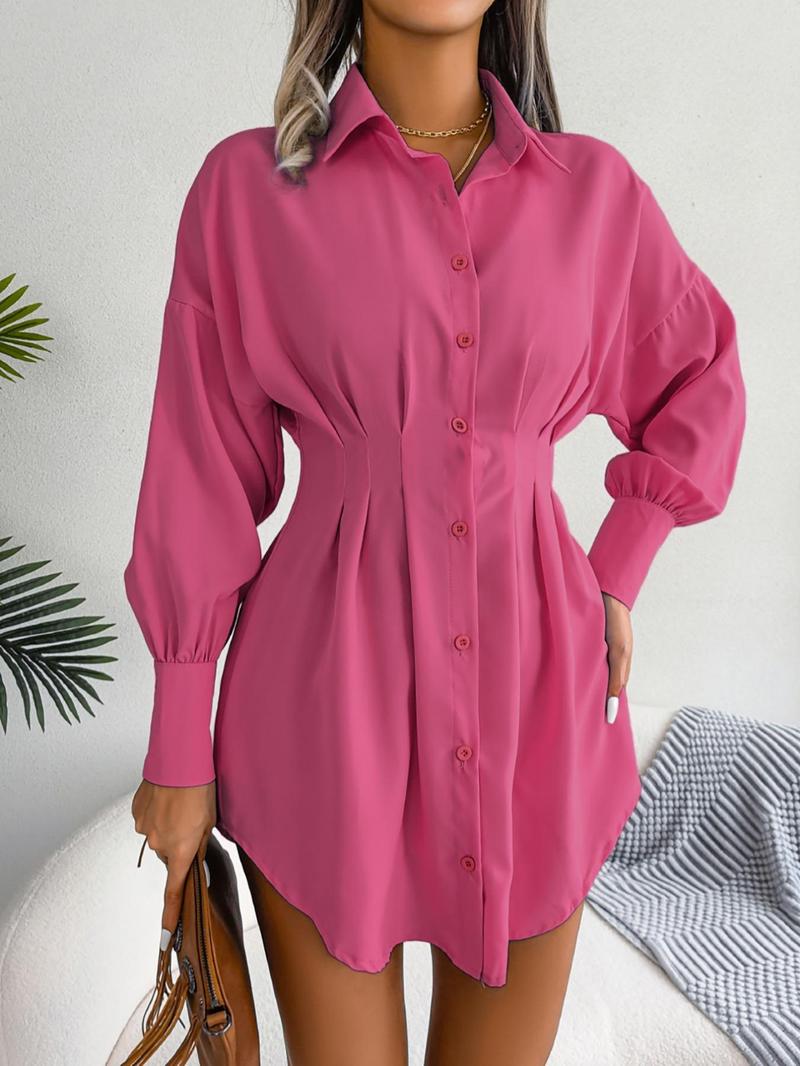 Women's Solid Curved Hem Ruched Button Front Shirt Dress, Casual Comfy Chic Drop Shoulder Long Sleeve Short Dress for Spring & Fall, Women's Clothes, Lady Casual Wear