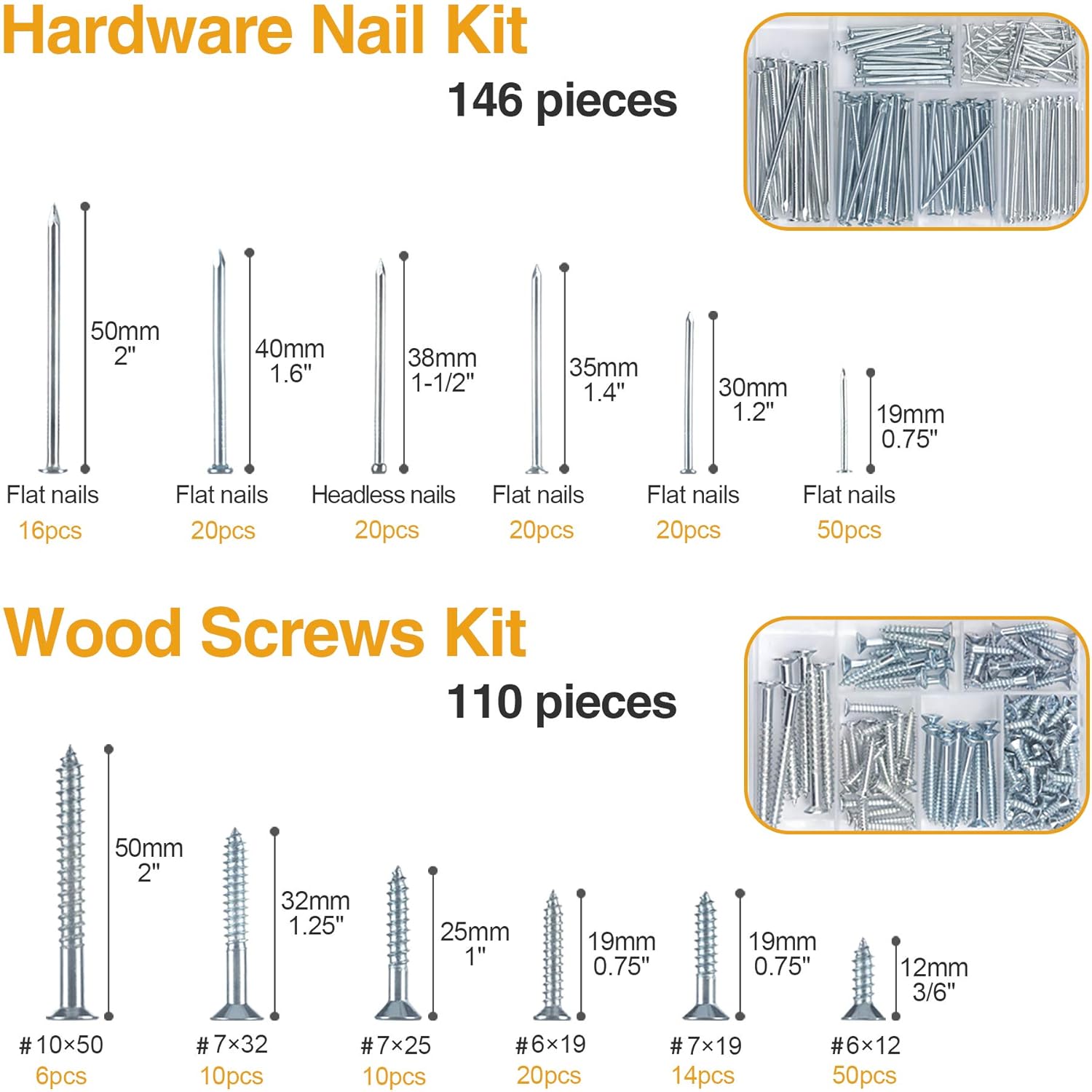 Nails and  Screws Assorted Kit 256 count - 110  Flat  Screws, 146 Picture  Nails, 6 Sizes Small Screws Assortment With Organizer Box