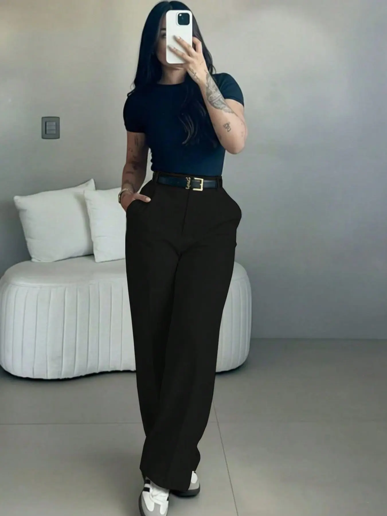 Women Solid High Waist Wide Leg Pants, Relaxed Fit Hip Room Office Trousers with Pockets, Casual Daily Commute Work Wear