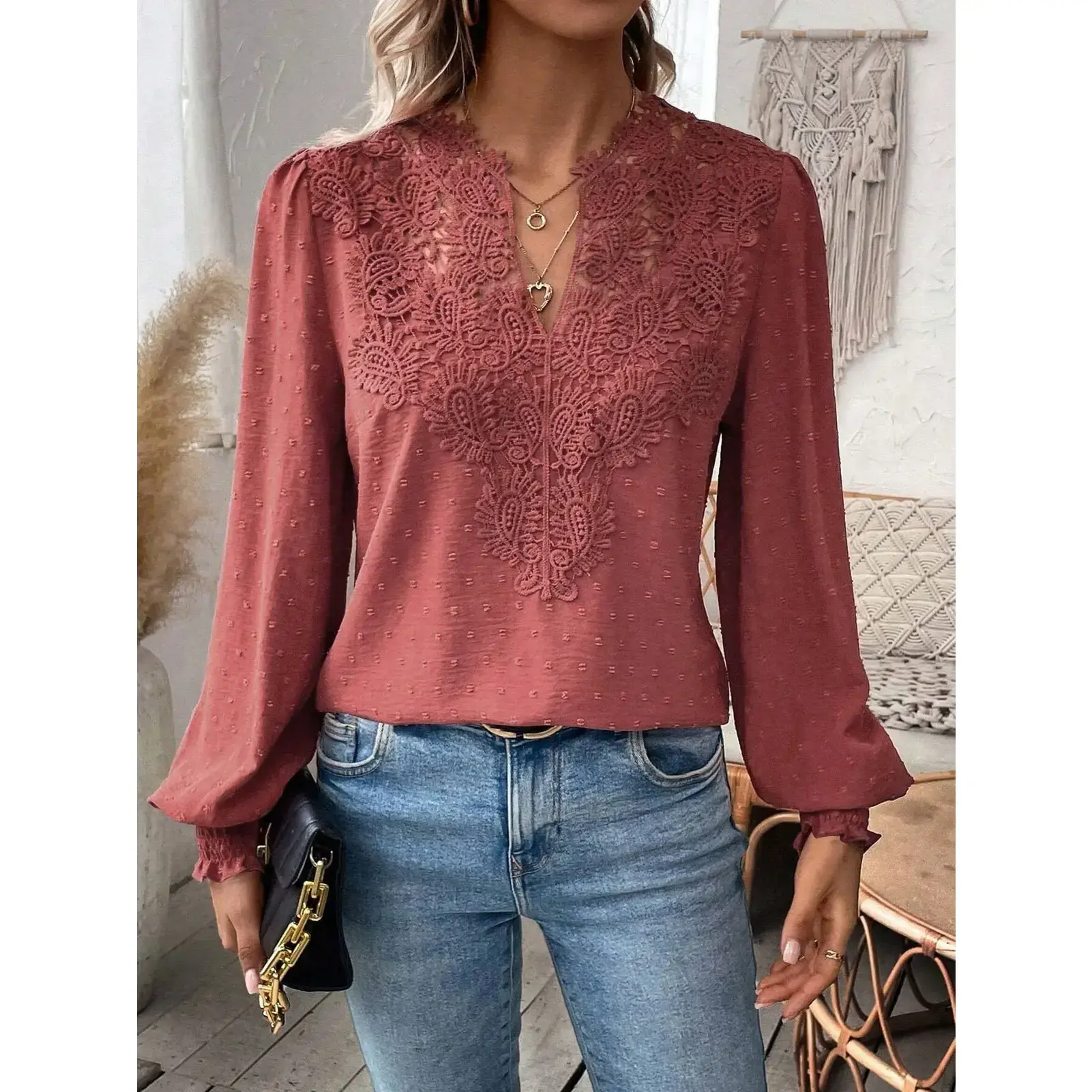 Women's Cute V-Neck Pullover with Dainty Puff Sleeves, Lace Trim and Decorative Detailing at Cuffs, Decorative Button Detailing Women's Pullovers, Chic