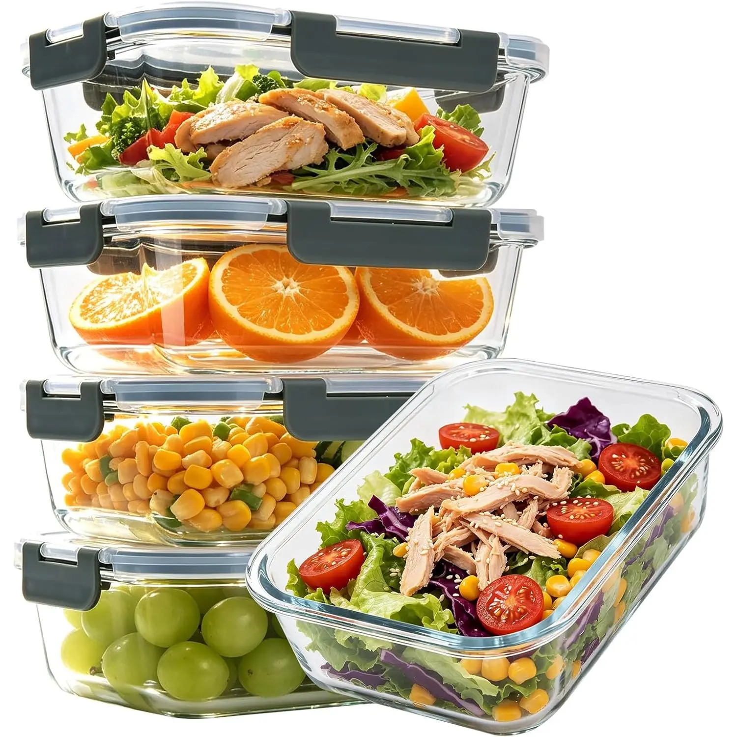 5-Pack 36oz Rectangular Transparent Grey Glass Kitchen Storage Containers with Detachable Snap-Lock Leakproof Airtight Lids, Oven Safe Meal Prep Sets for Microwave, Freezer