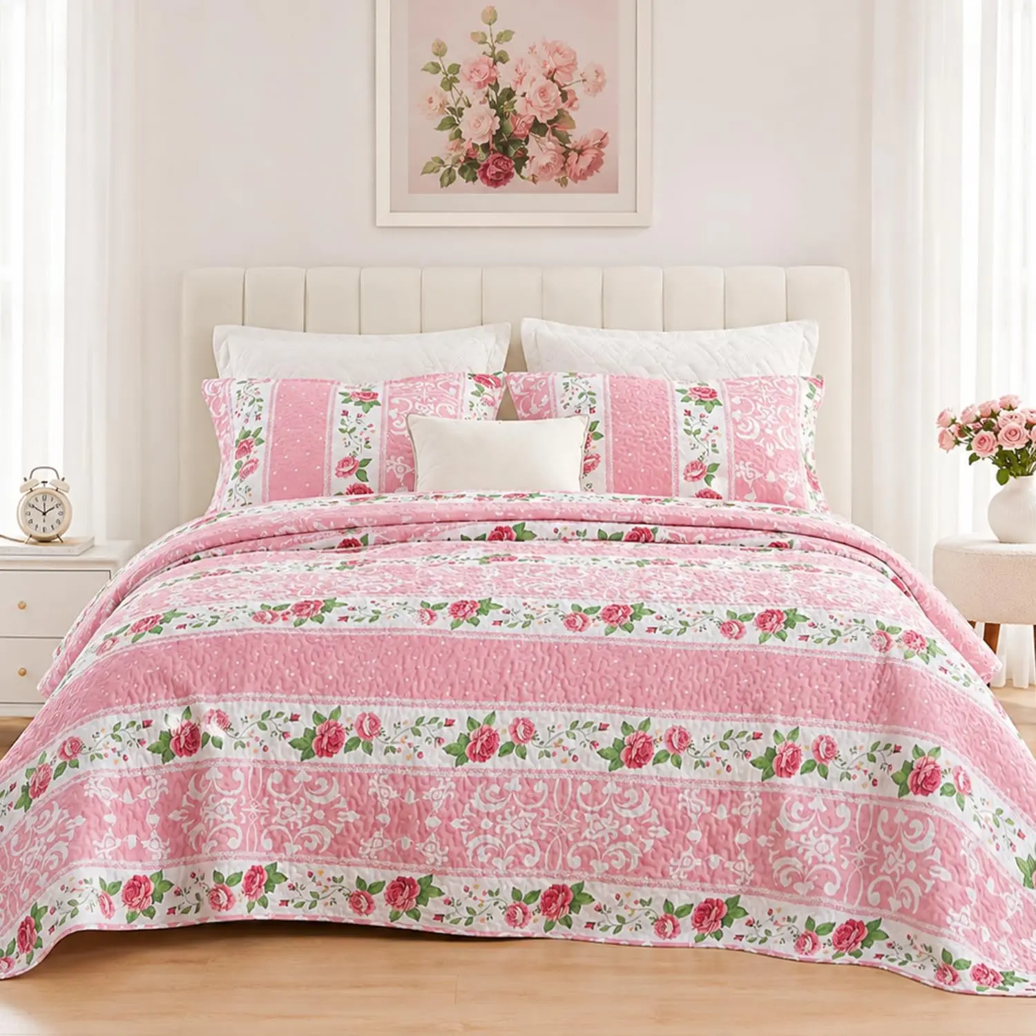Quilt  Size,3  Floral Quilt  Bedding Set with 2 Shams,Reversible Microfiber Coverlet,Cottage  Bedspread,Lightweight Quilt,106" x 96"