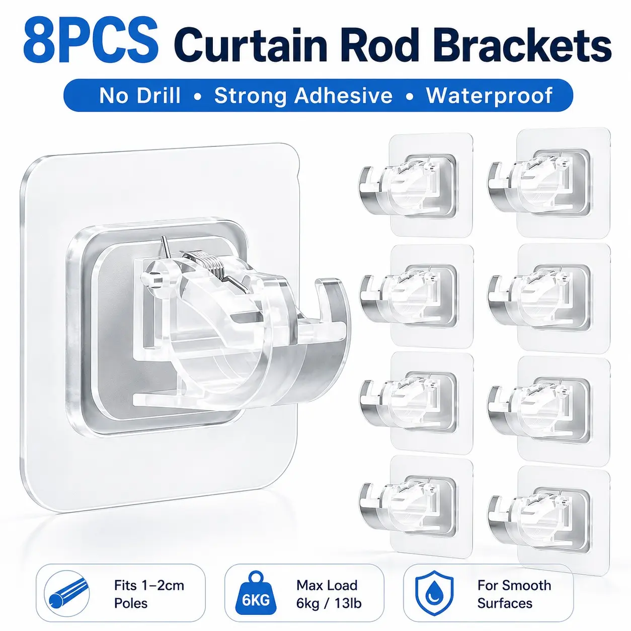 8-Piece Self-Adhesive No-Drill Adjustable Curtain Rod Brackets, Transparent Hooks for Bathroom, Kitchen, Home, Hotel, No Drilling Required